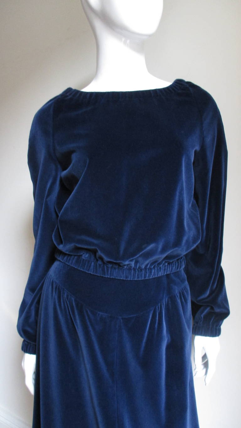 Black 1970's Andre Courreges Hyperbole Velvet Maxi Skirt and Off Shoulder Top