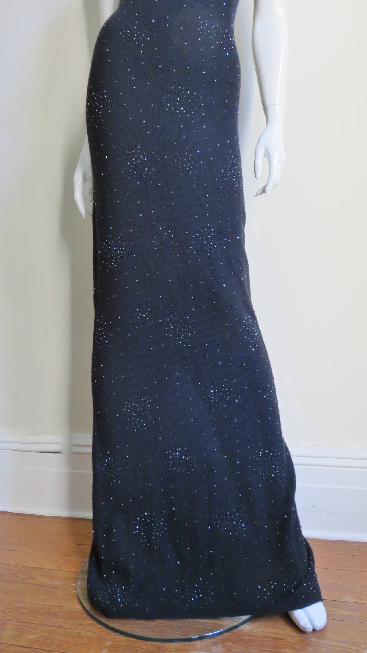 Women's Vintage Halston Grey Cashmere Beaded Plunge Back Column Maxi