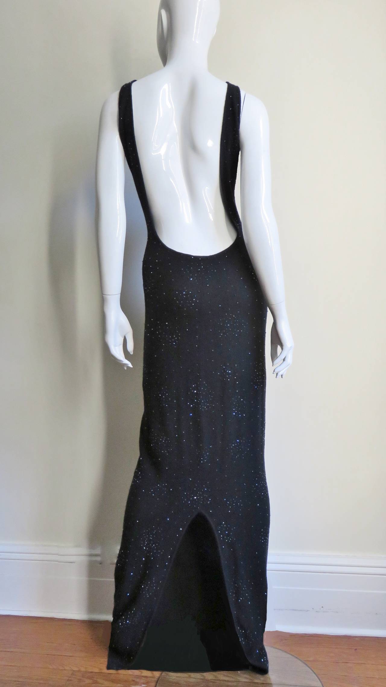 Vintage Halston Grey Cashmere Beaded Plunge Back Column Maxi 3