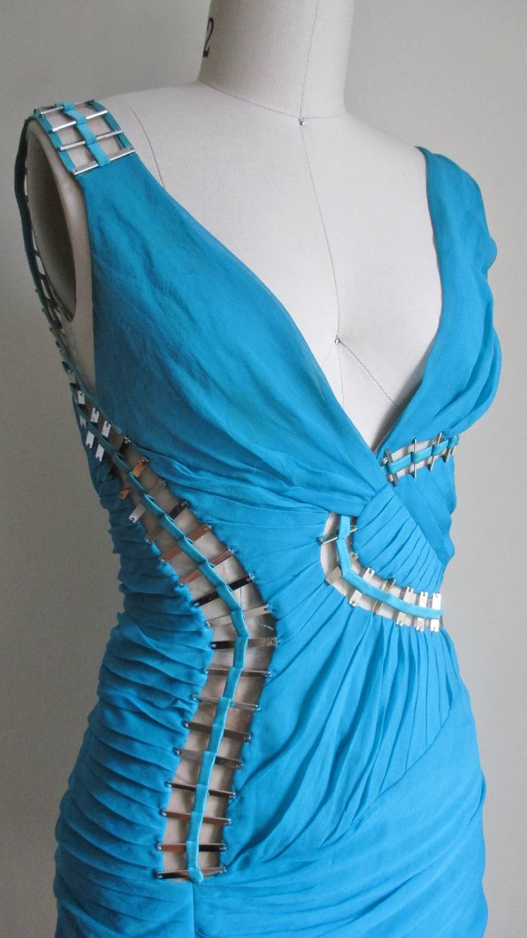 Women's Stunning Versace Mesh & Metal Cutouts Silk Plunge Dress