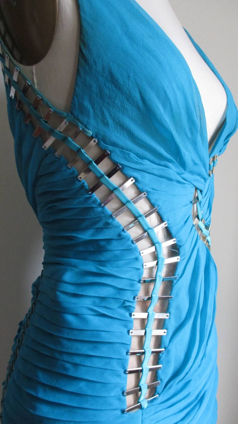 Stunning Versace Mesh & Metal Cutouts Silk Plunge Dress 1