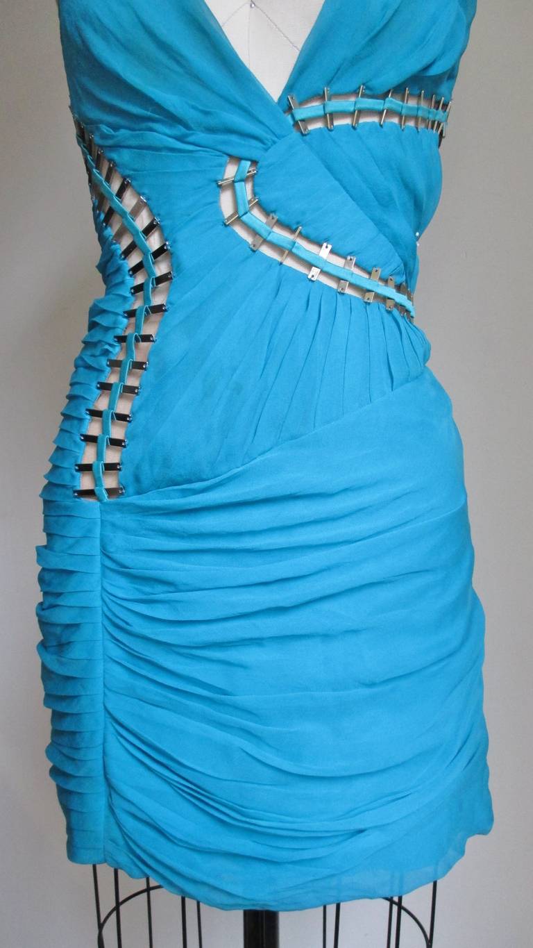 Stunning Versace Mesh & Metal Cutouts Silk Plunge Dress 2