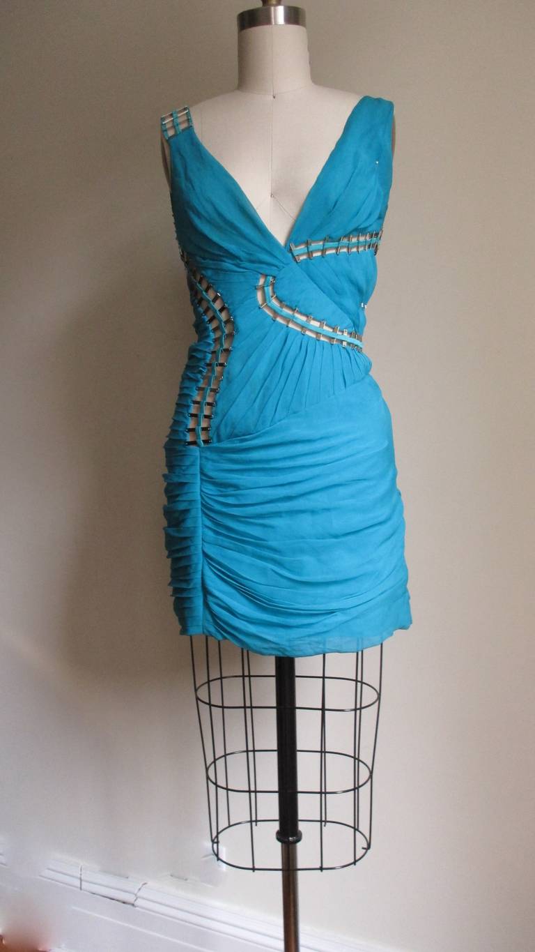 Stunning Versace Mesh & Metal Cutouts Silk Plunge Dress 5