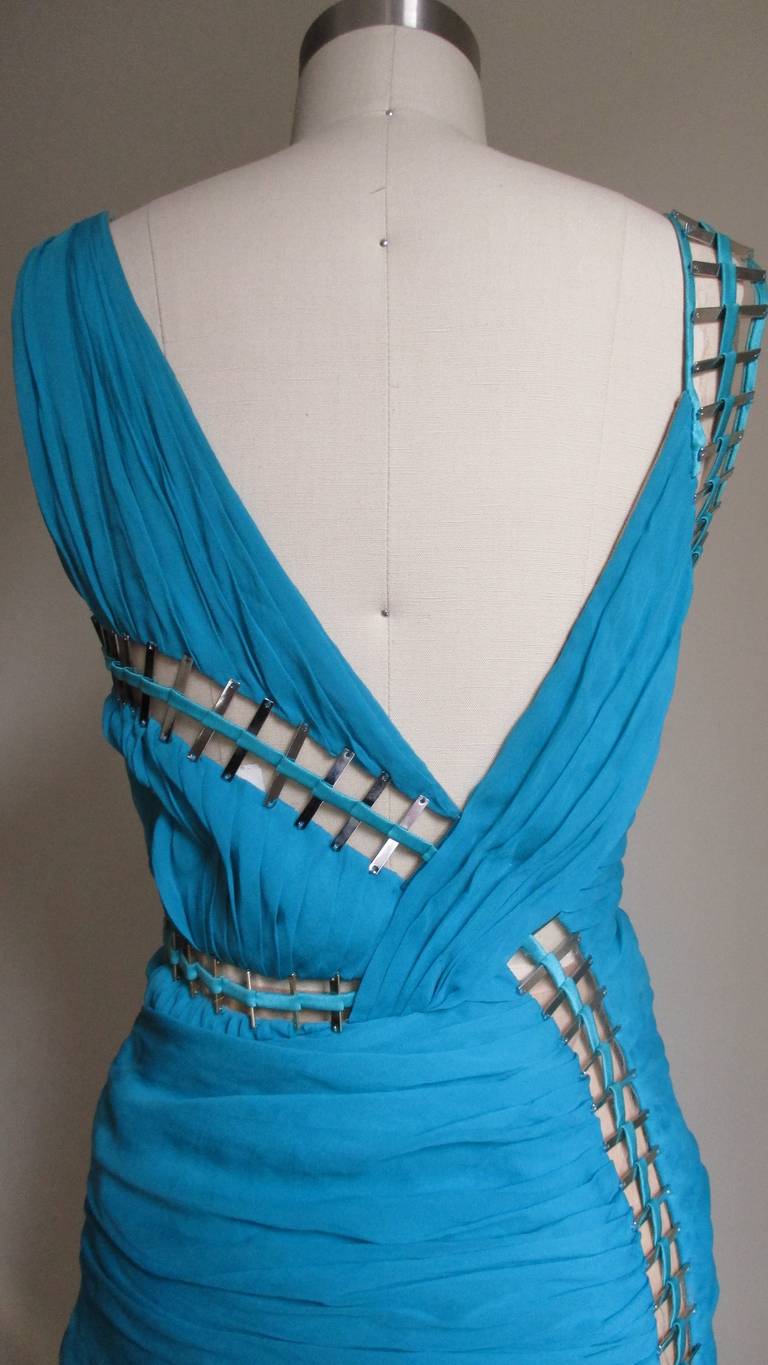 Stunning Versace Mesh & Metal Cutouts Silk Plunge Dress 3