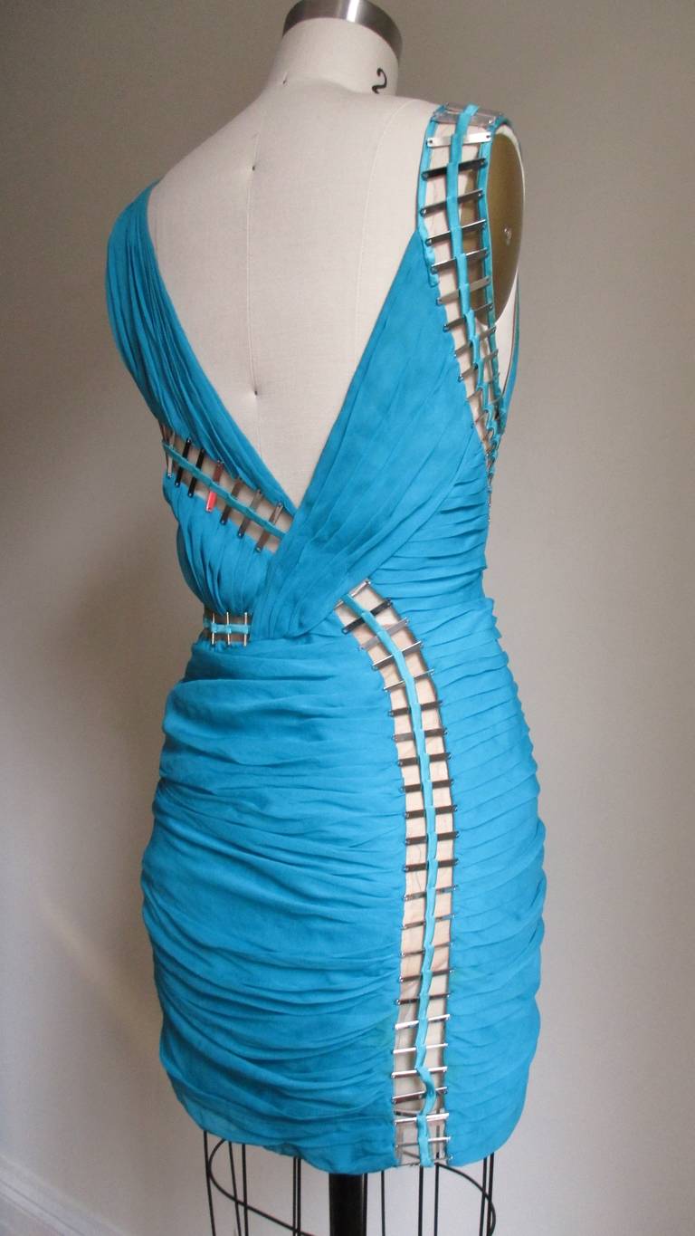 Stunning Versace Mesh & Metal Cutouts Silk Plunge Dress 4