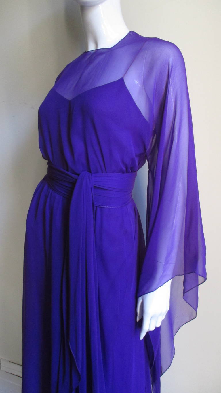 Women's Halston 1970's Slip Dress W Angel Sleeve Caftan Overdress