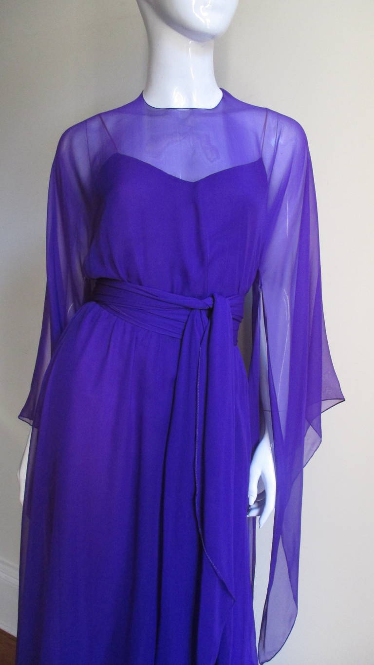 Halston 1970's Slip Dress W Angel Sleeve Caftan Overdress In New Condition In Water Mill, NY