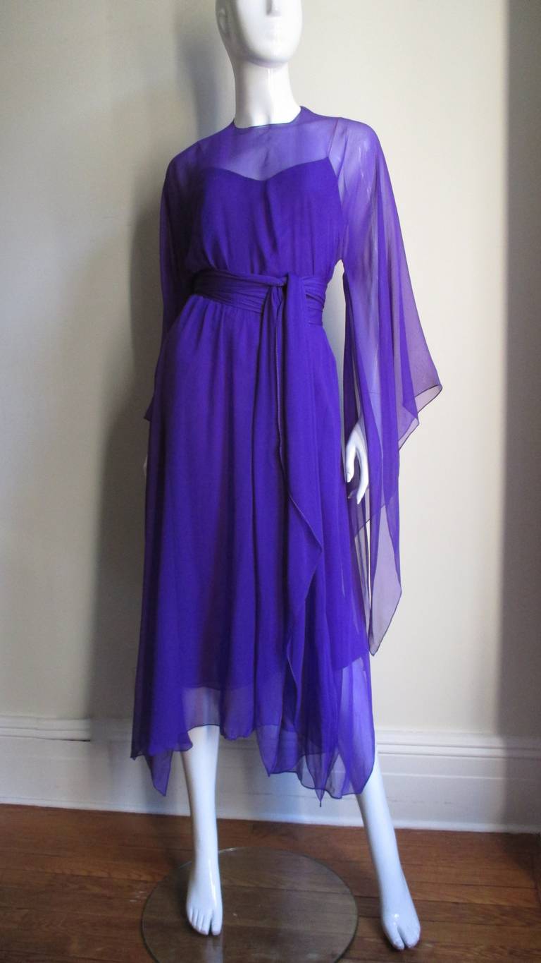 Halston 1970's Slip Dress W Angel Sleeve Caftan Overdress 3