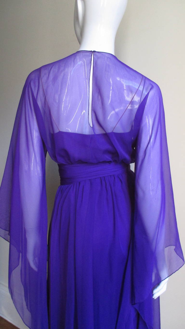 Halston 1970's Slip Dress W Angel Sleeve Caftan Overdress 4