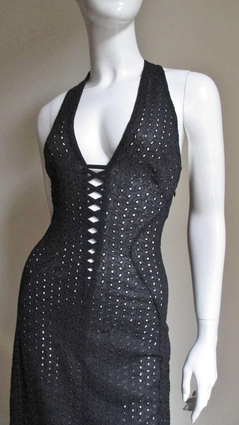 1990s Gianni Versace Plunge Laceup Halter Dress In Good Condition In Water Mill, NY