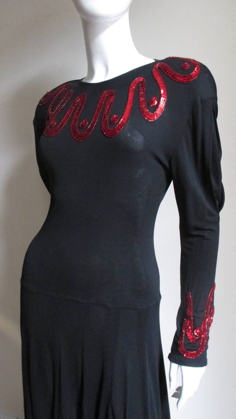 Black 1980s Jean Muir Silk Jersey Dress with Sequins