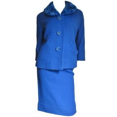 1950s Blue Skirt Suit with Blue Fur Collar