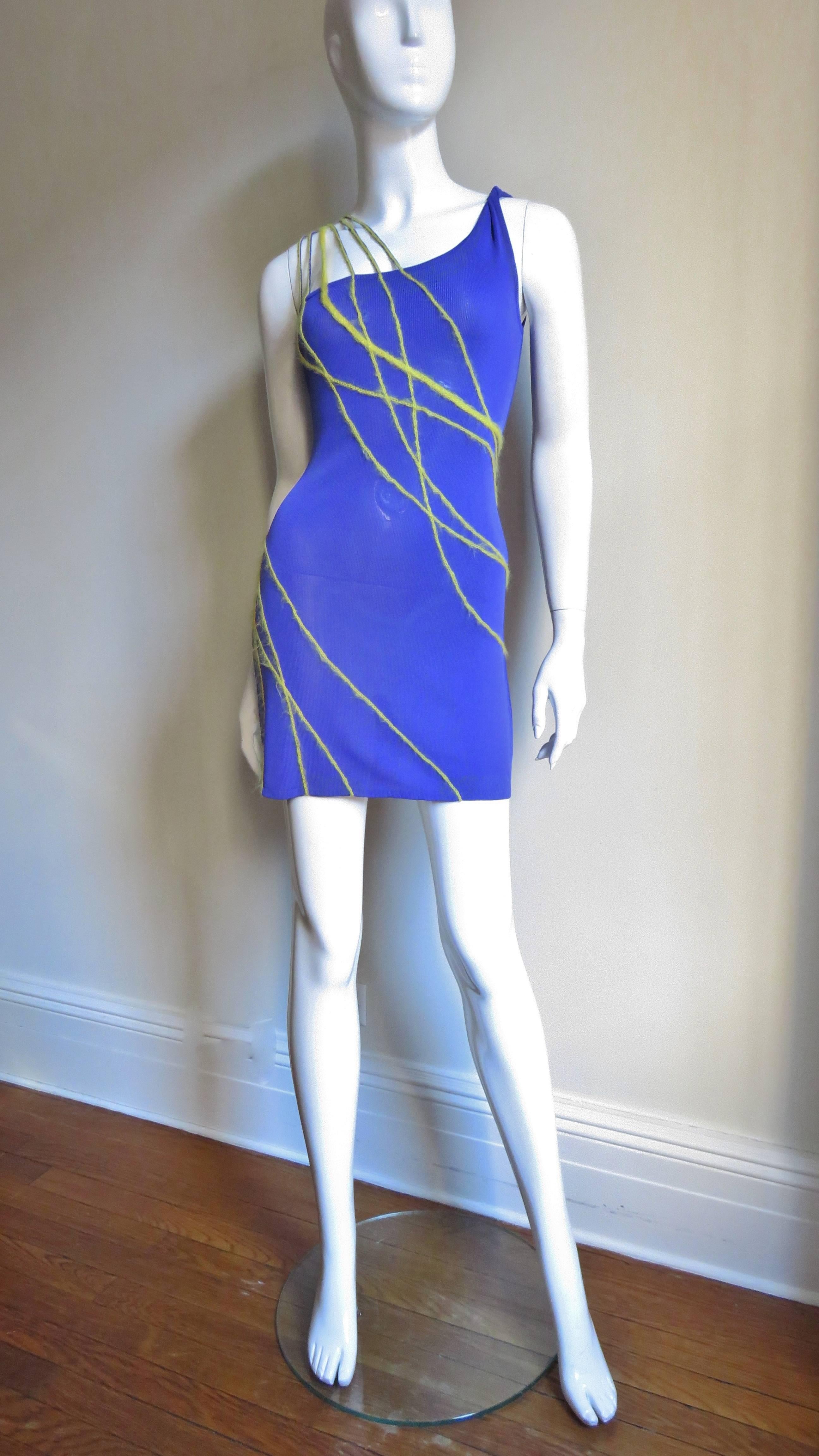 1990s Gianni Versace Angora Trim One Shoulder Dress In New Condition In Water Mill, NY