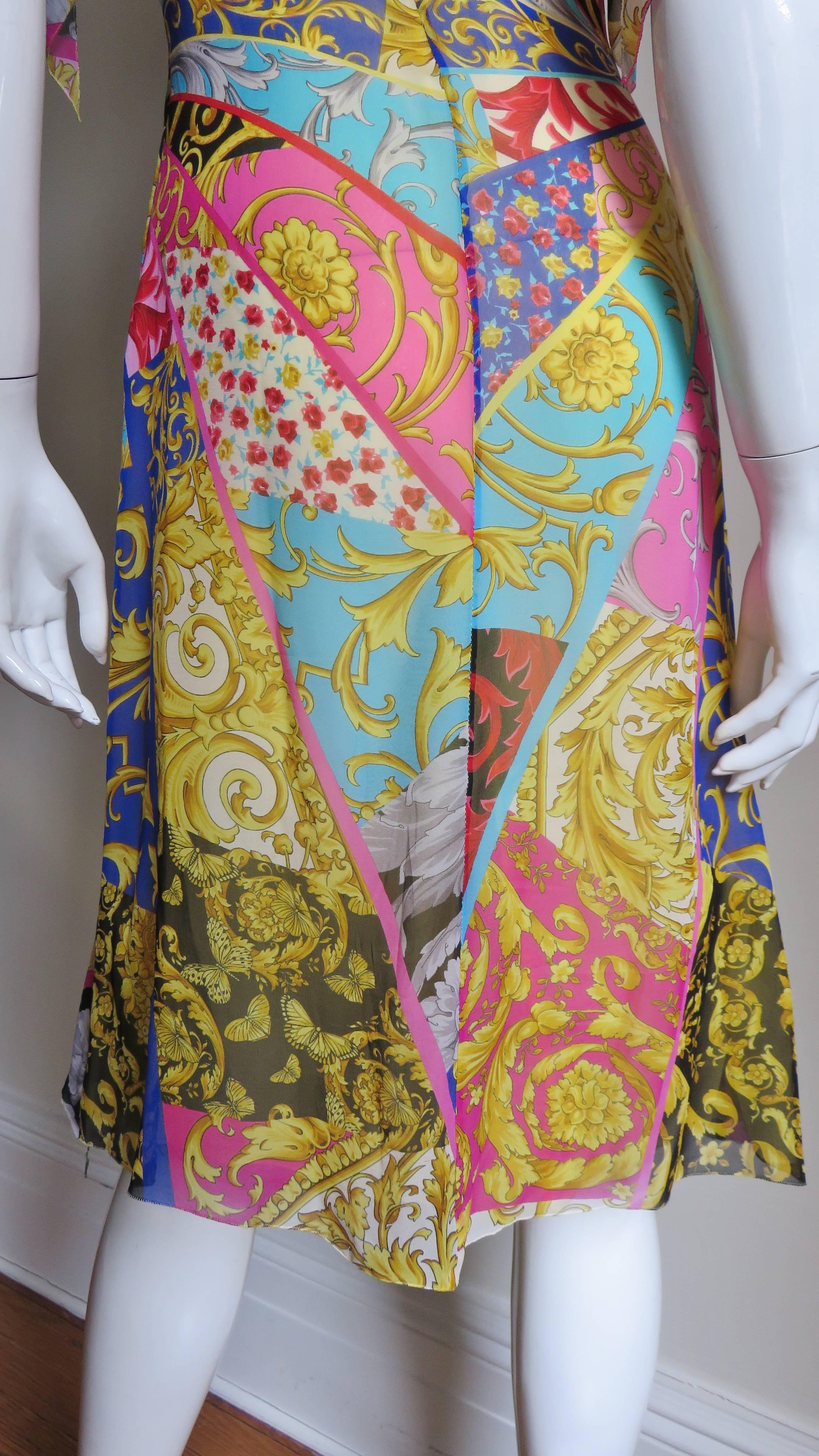 1990s Gianni Versace Silk Scarf Print Plunge Dress 5