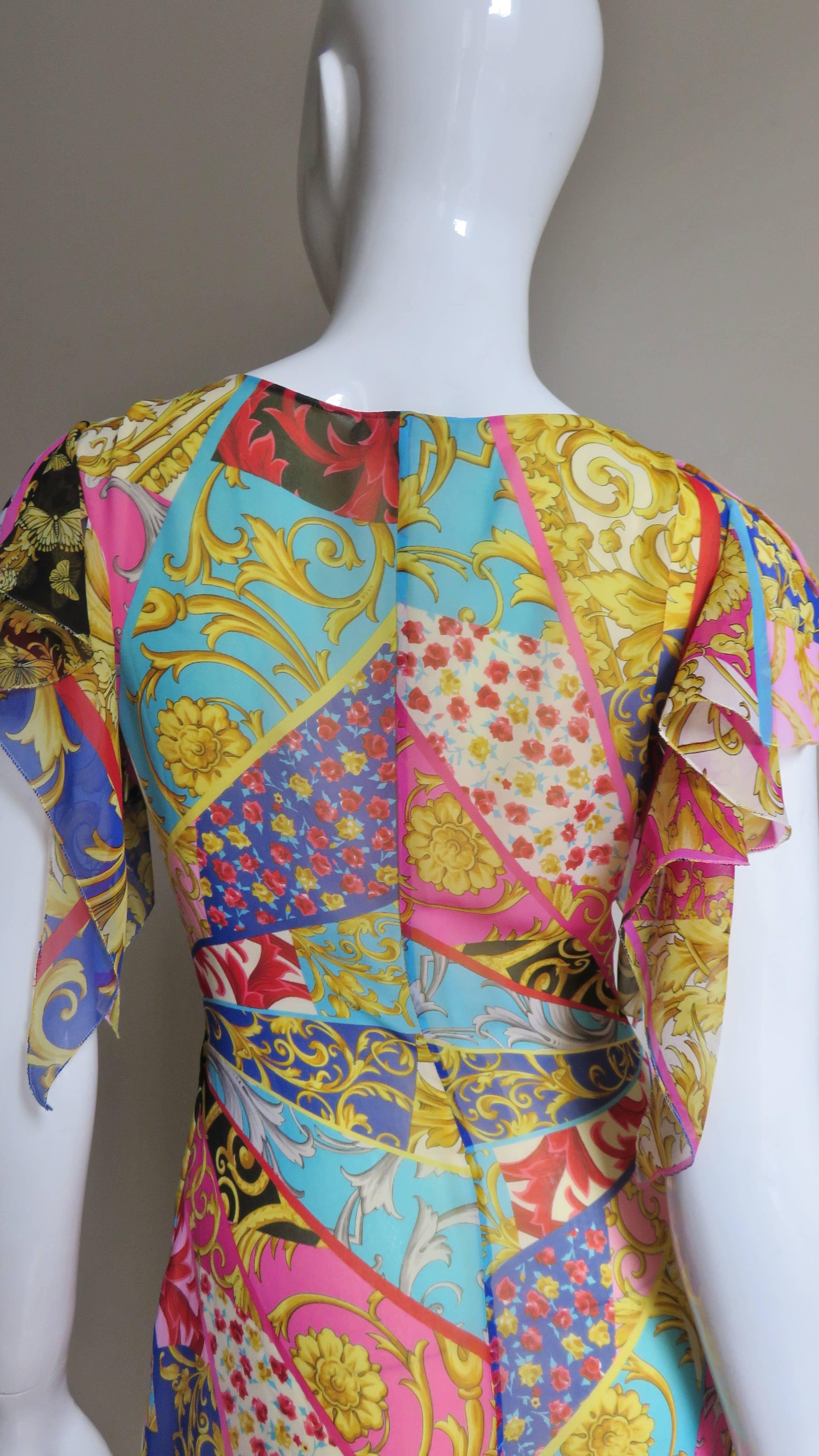 1990s Gianni Versace Silk Scarf Print Plunge Dress 4