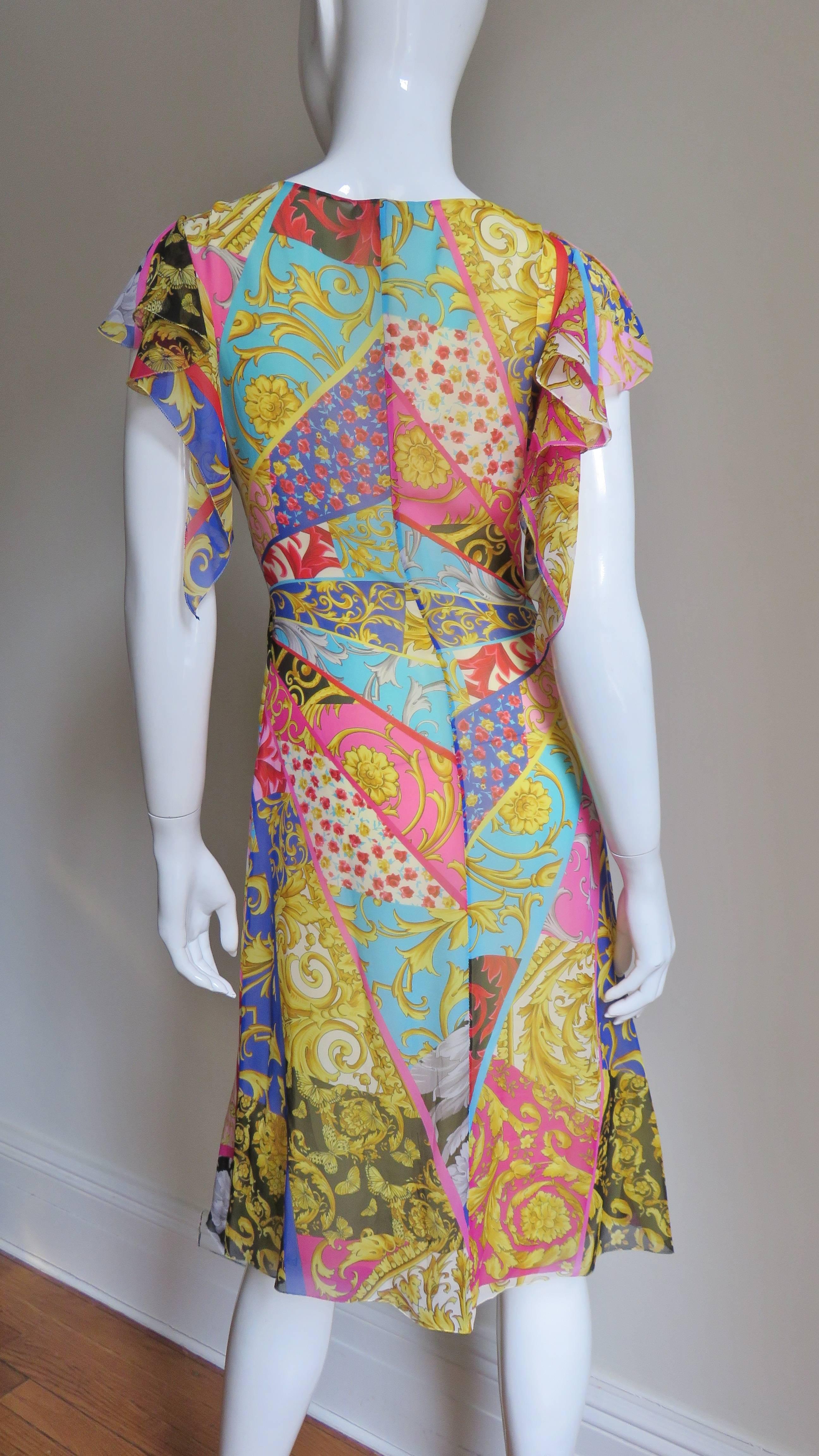 1990s Gianni Versace Silk Scarf Print Plunge Dress 2