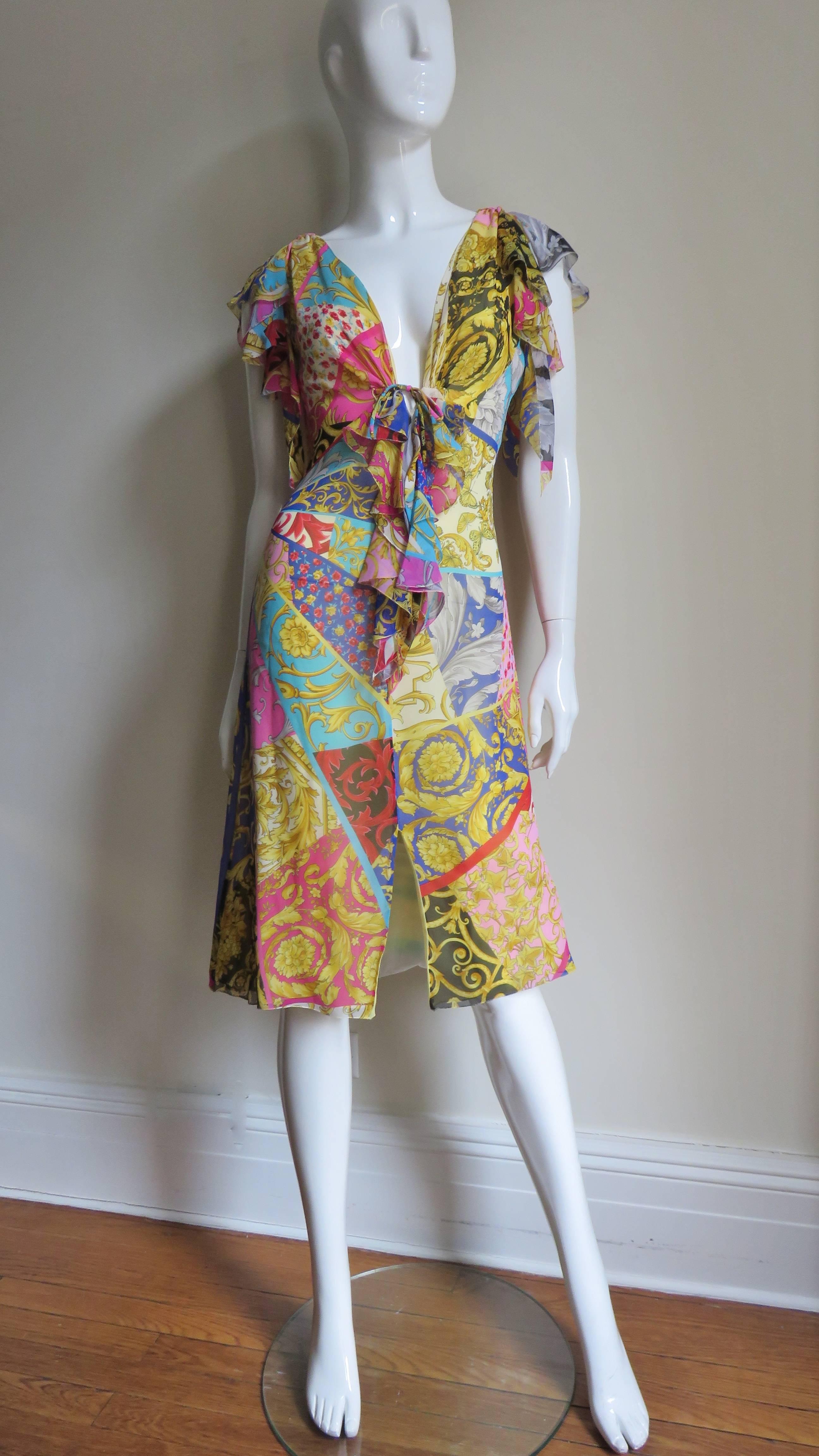 1990s Gianni Versace Silk Scarf Print Plunge Dress 1