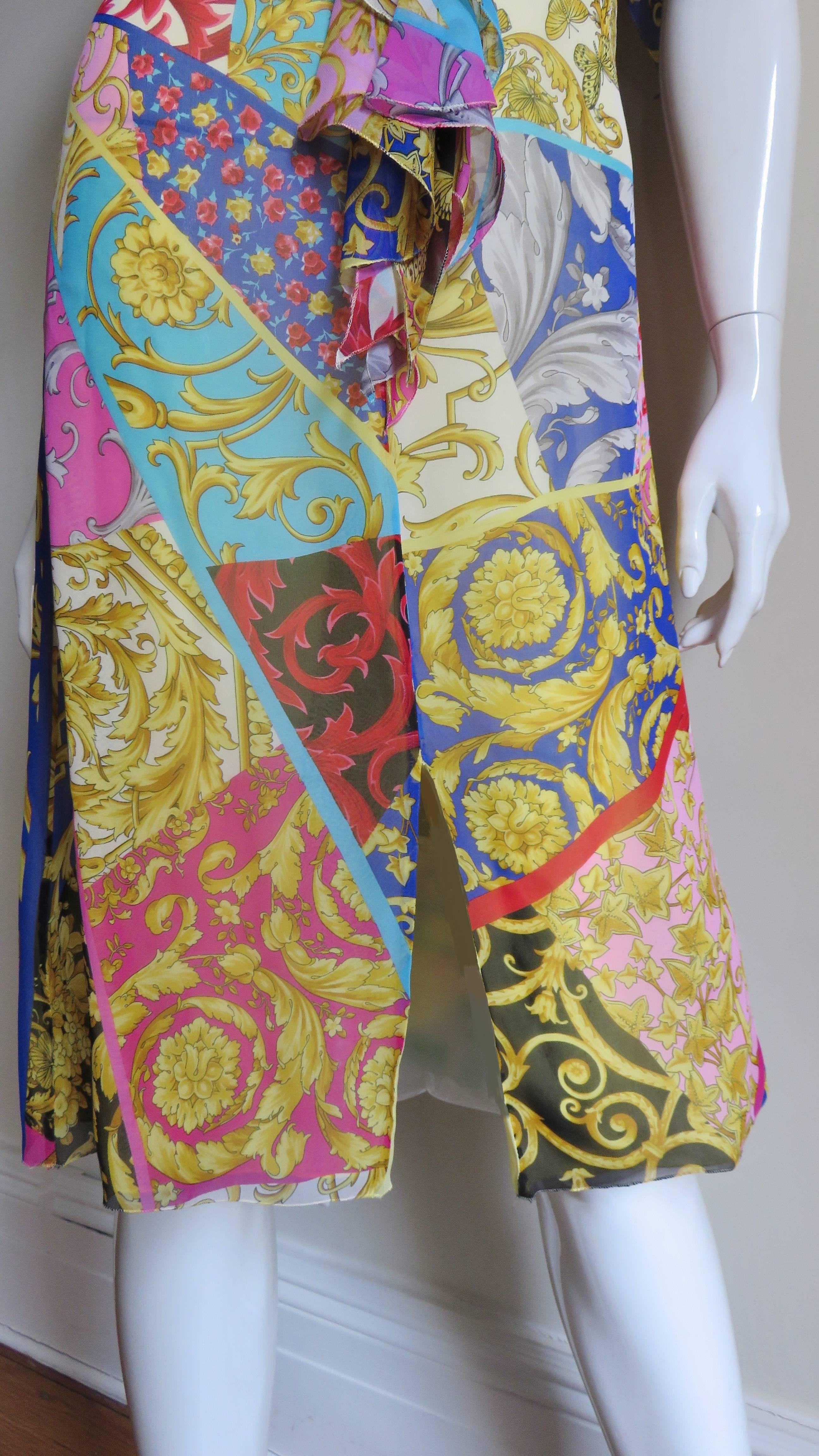Brown 1990s Gianni Versace Silk Scarf Print Plunge Dress