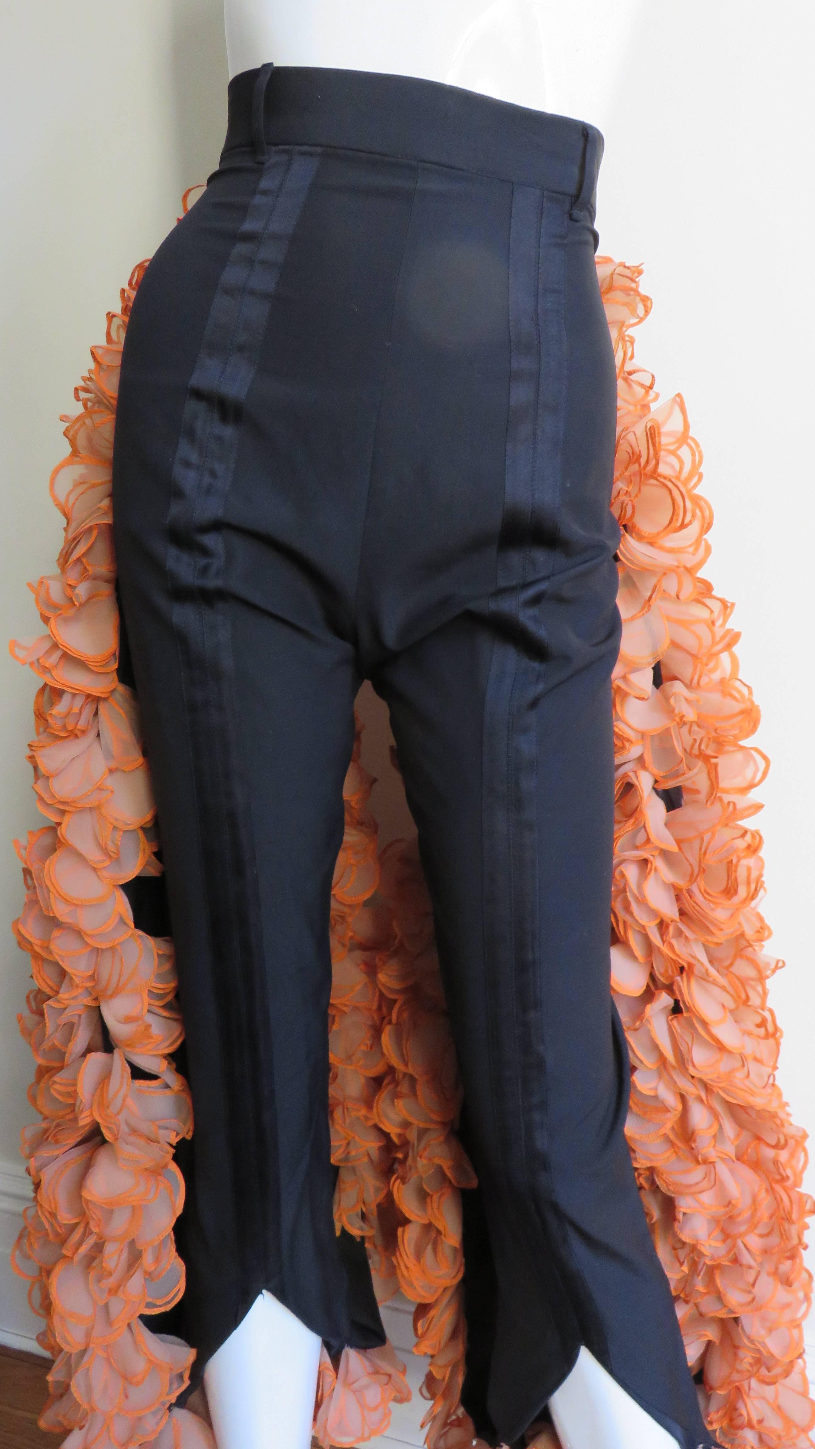 Black Incredible Rare Vintage Gaultier Flower Applique Tux Pants W Convertable Trains