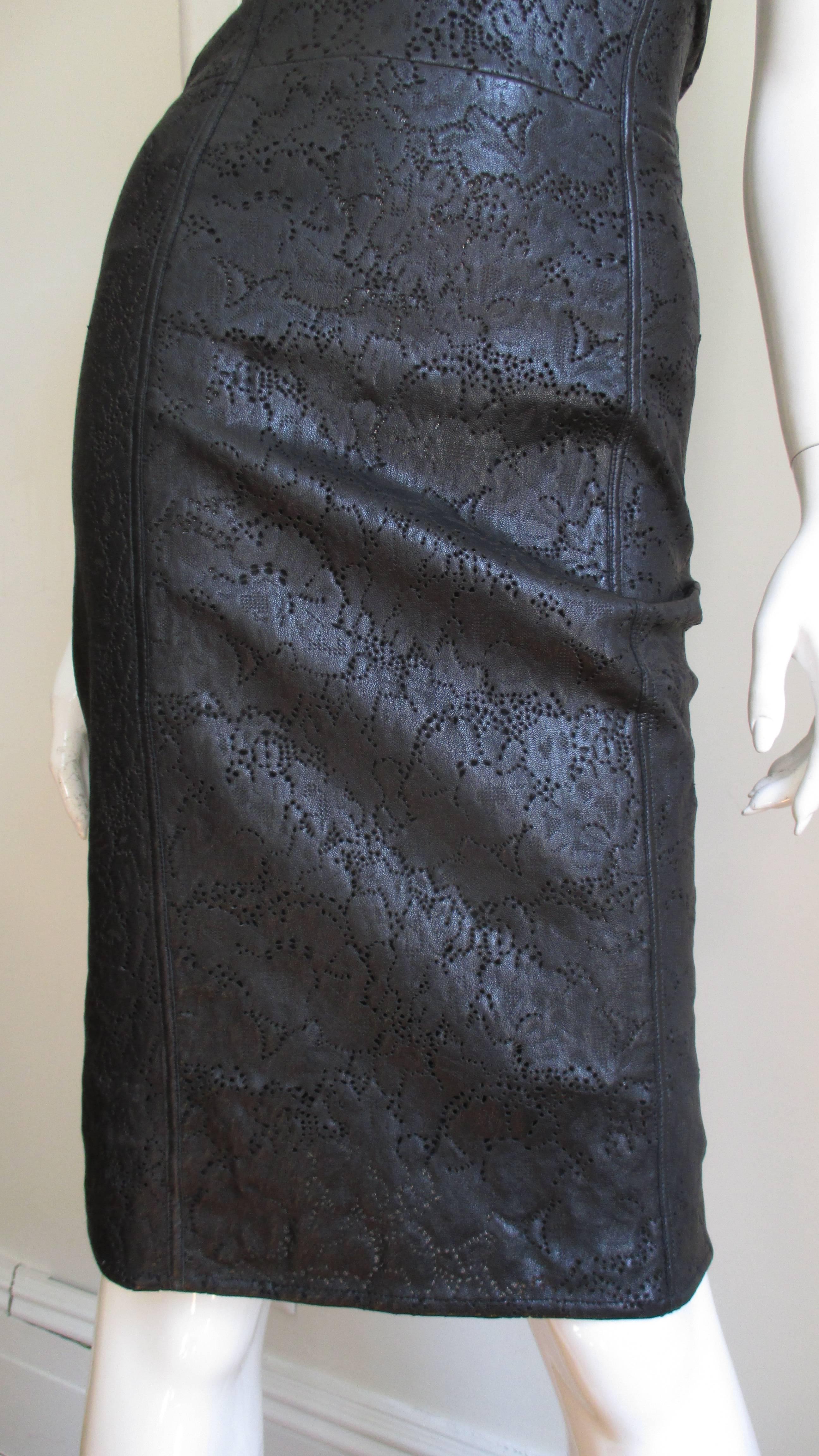 Women's 1990s Gianni Versace Laser Cut Leather Plunge Dress