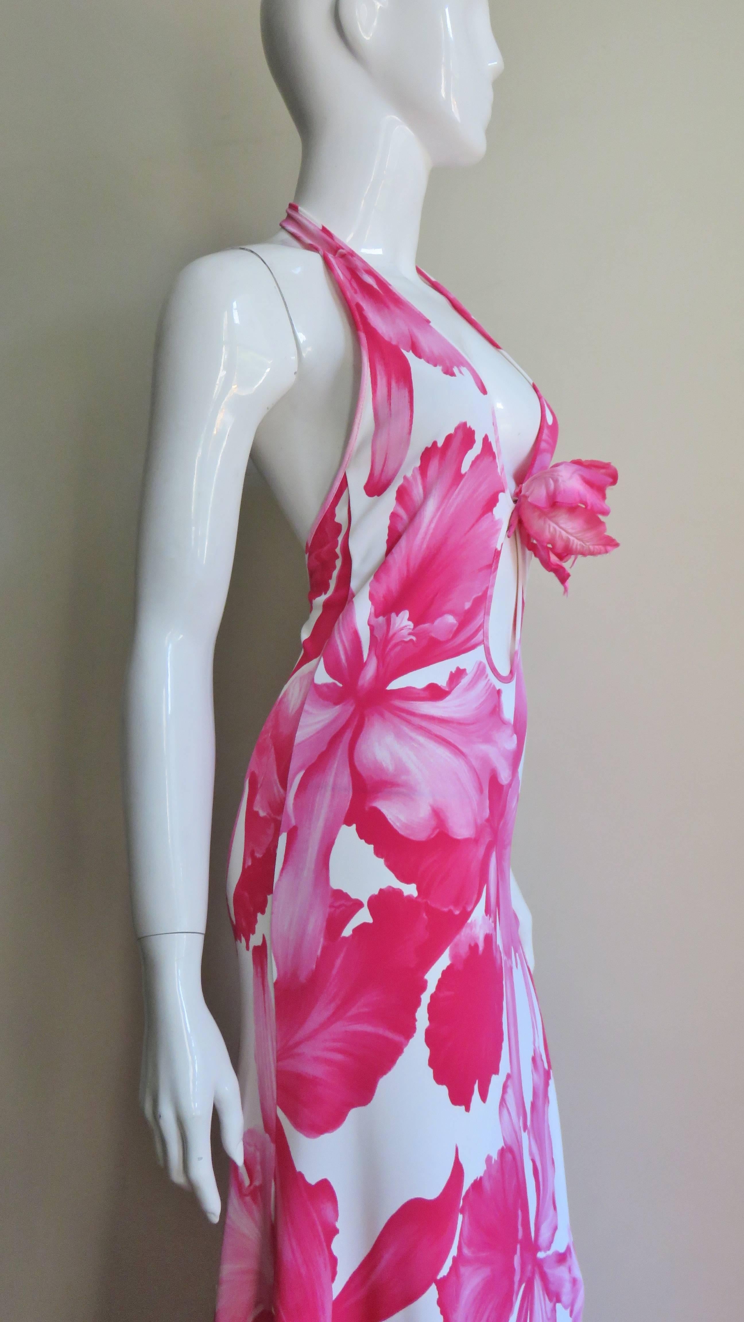 1990s Celine Plunge Halter Flower Maxi 1