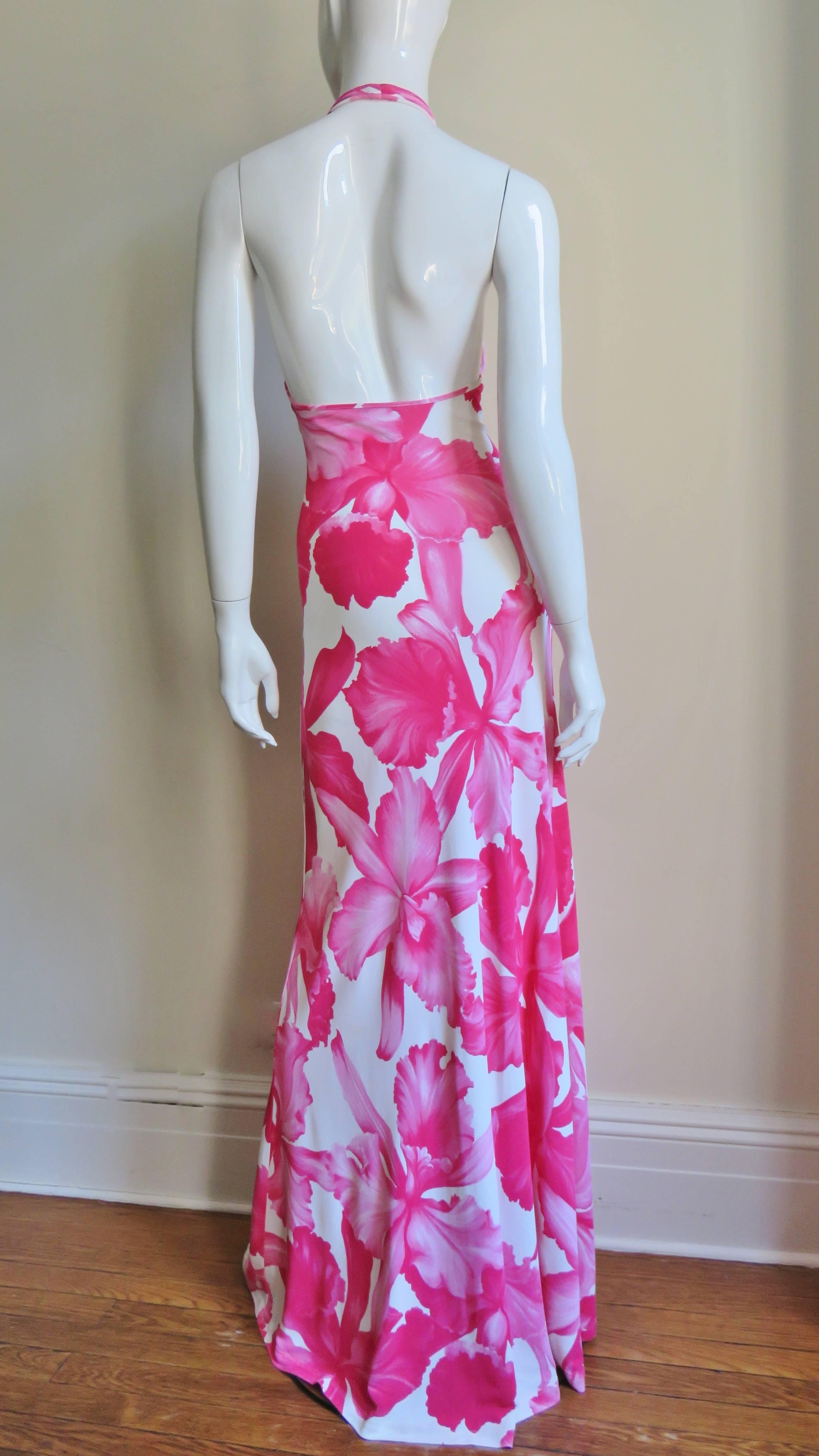 1990s Celine Plunge Halter Flower Maxi 4