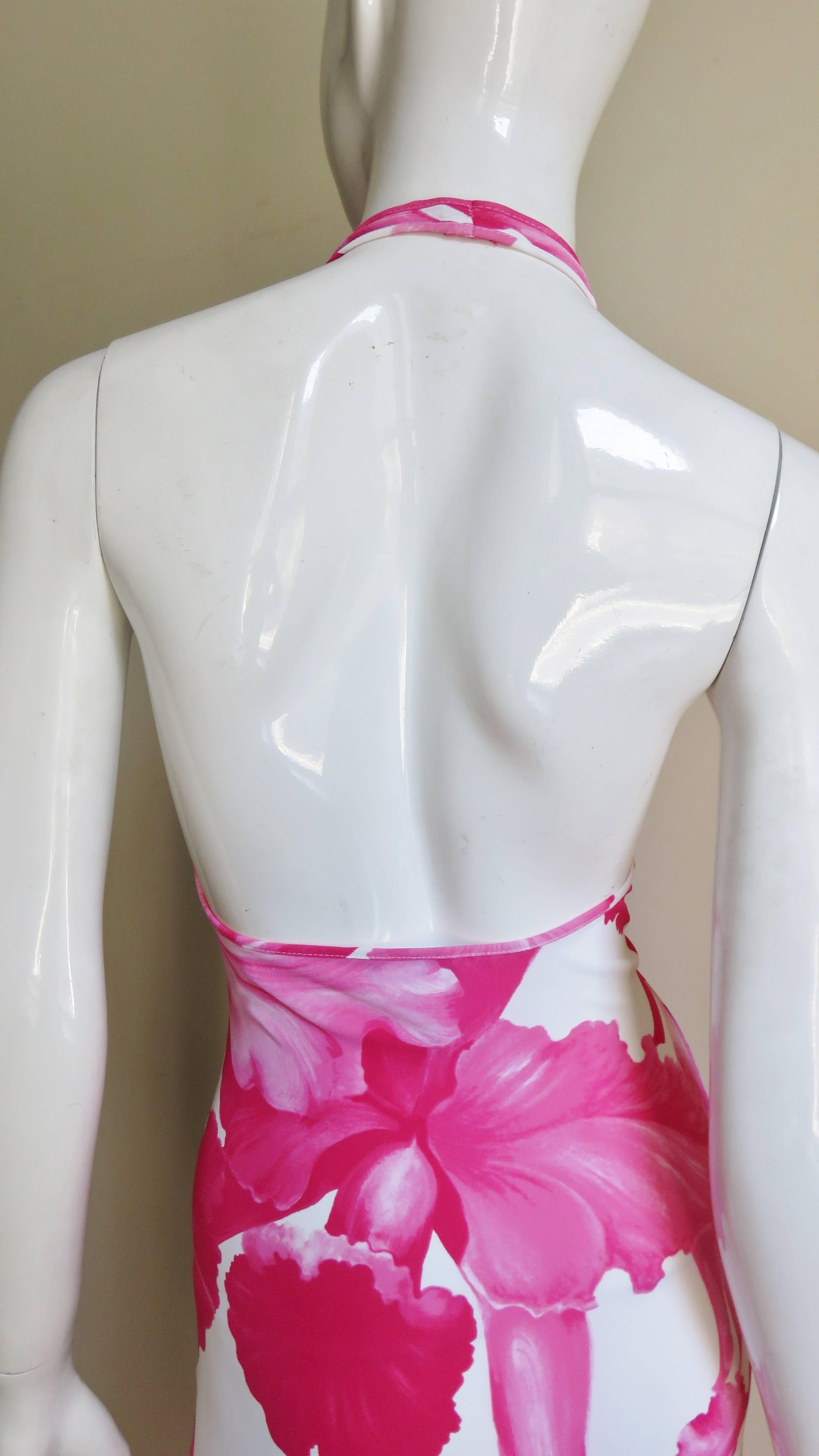 1990s Celine Plunge Halter Flower Maxi 2