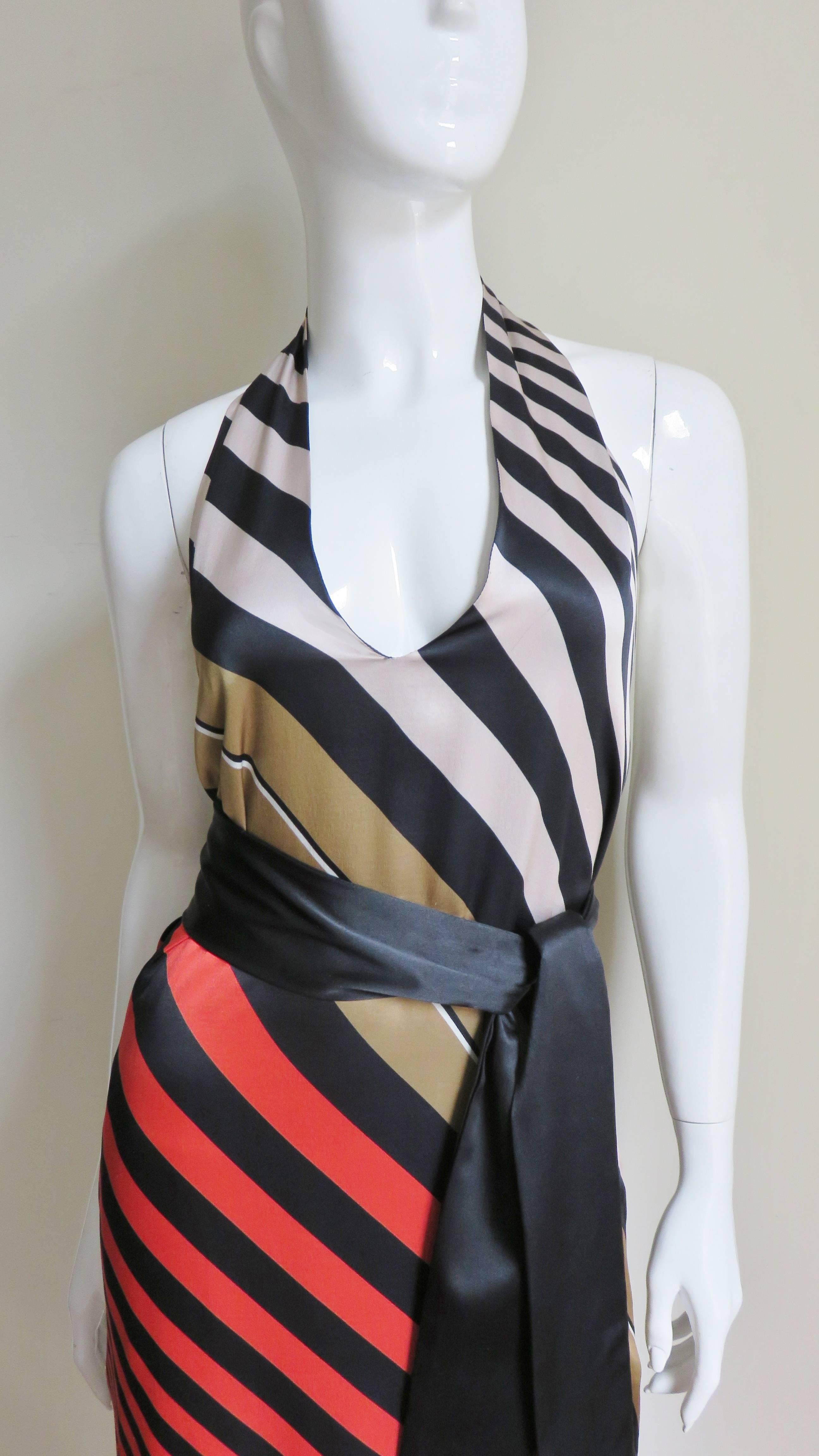 Women's Fendi Striped Silk Plunge Halter Dress