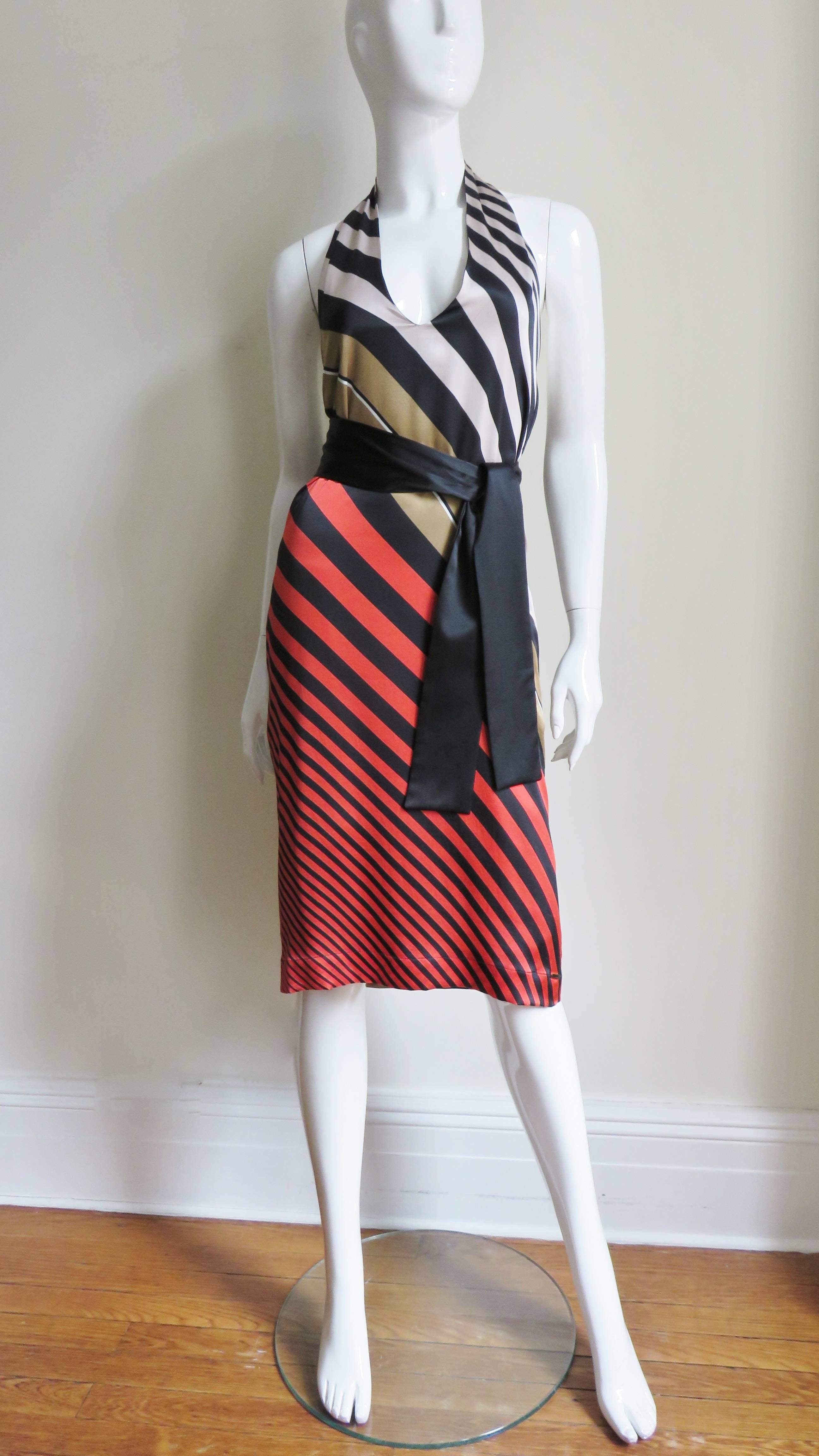 Fendi Striped Silk Plunge Halter Dress 3