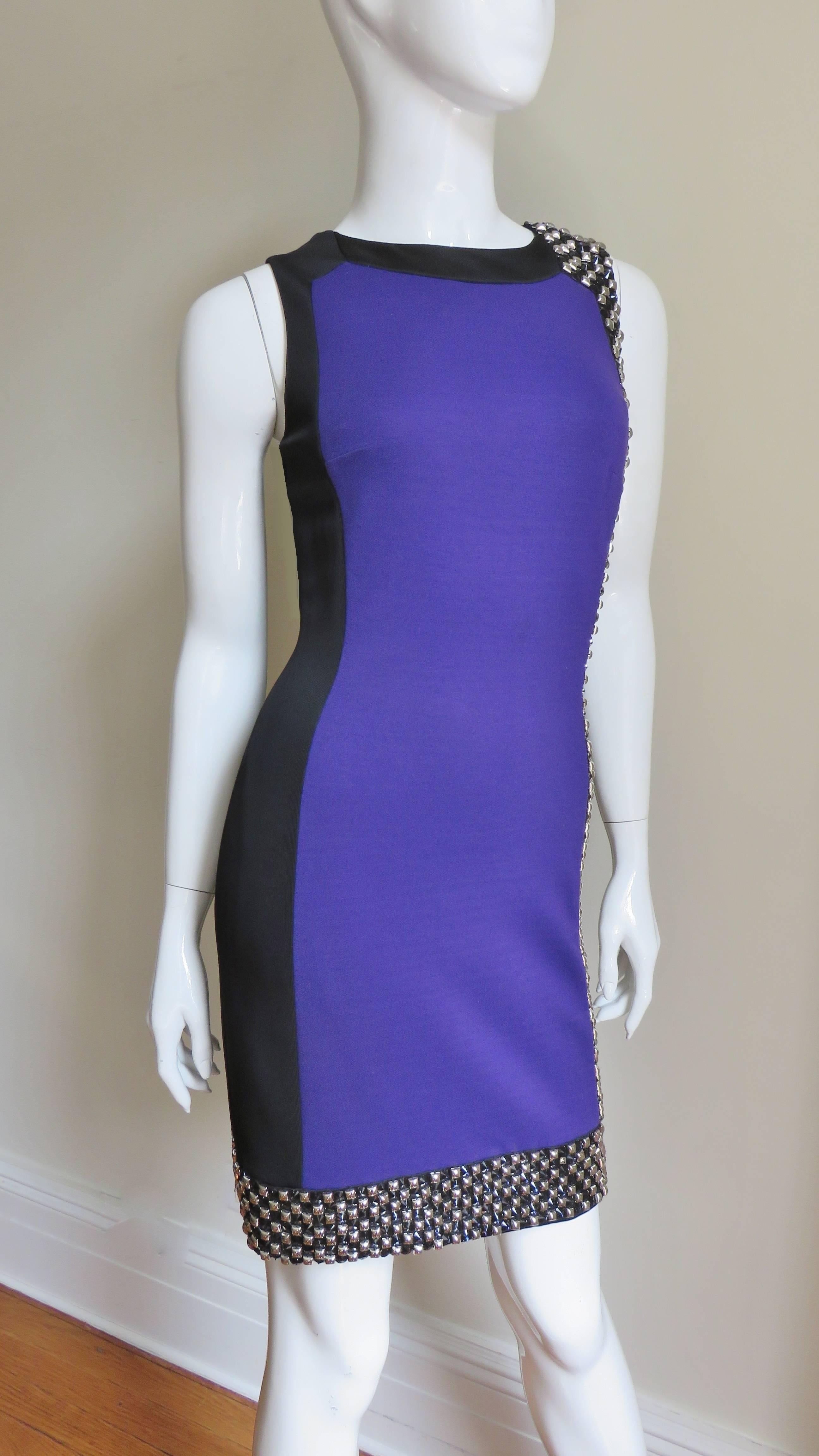 Purple Versace Studded Color Block Silk Dress with Ruched Back