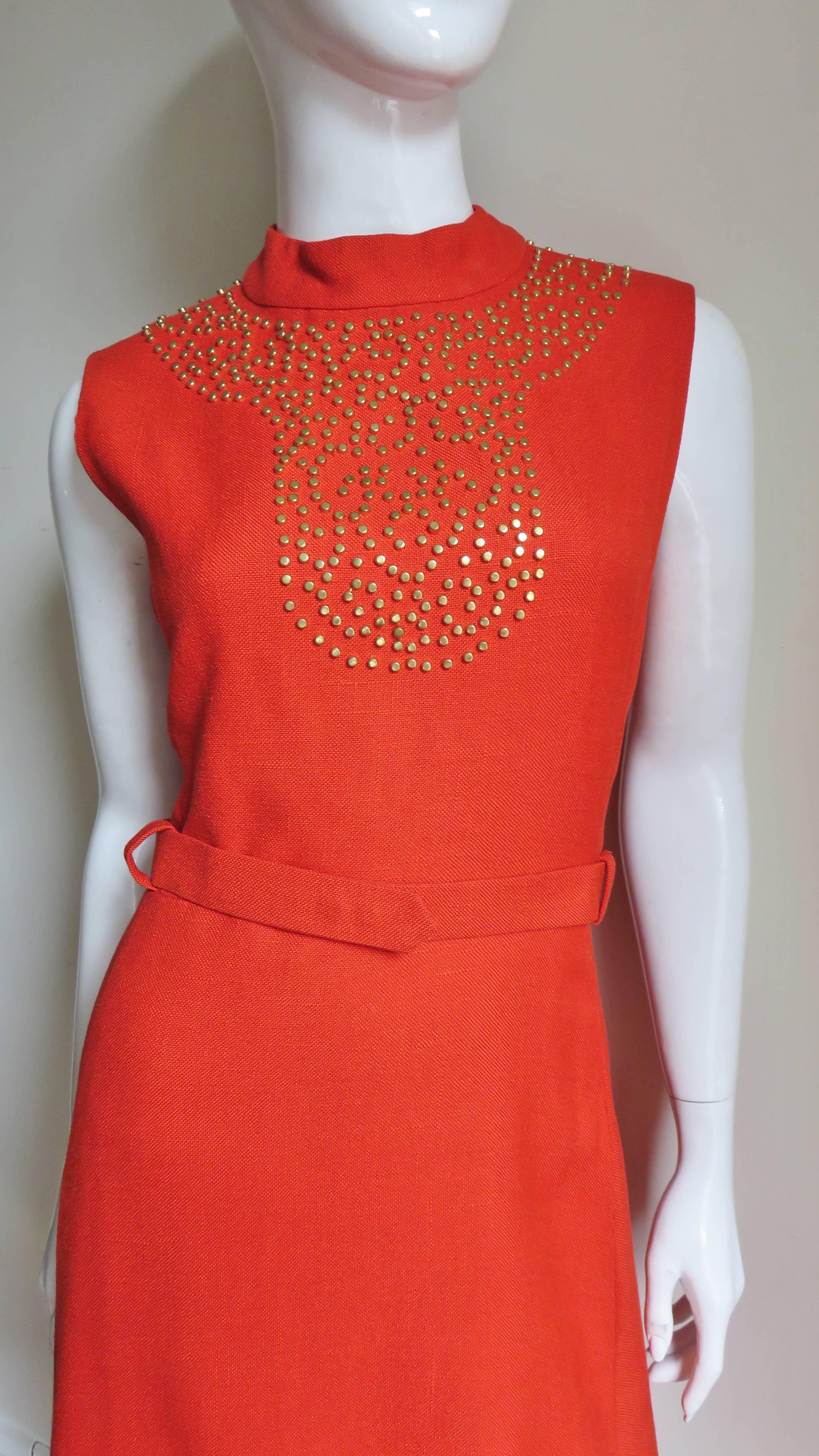 Red B. H. Wragge Studded Linen Dress 1970 For Sale