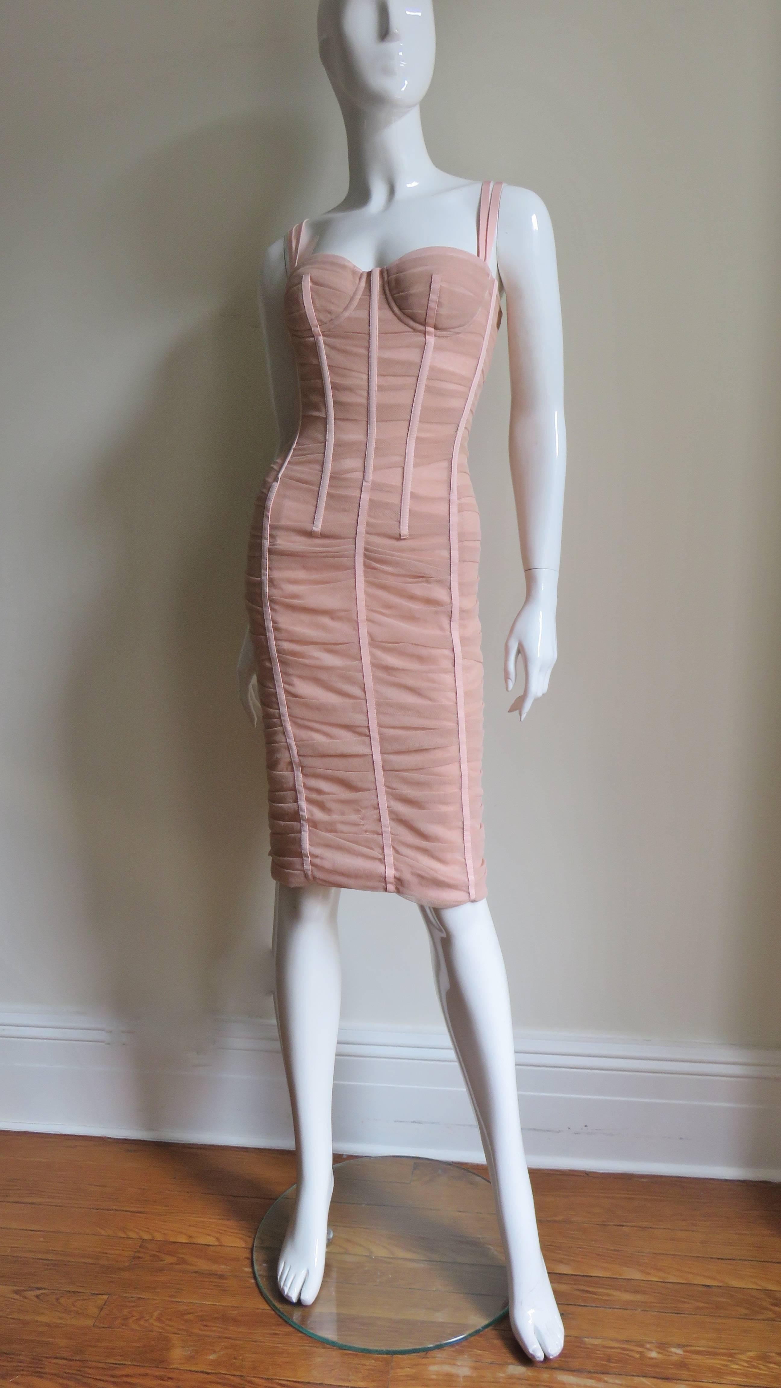 Brown Dolce & Gabbana Nude Pink Silk Ruched Bodycon Corset Dress