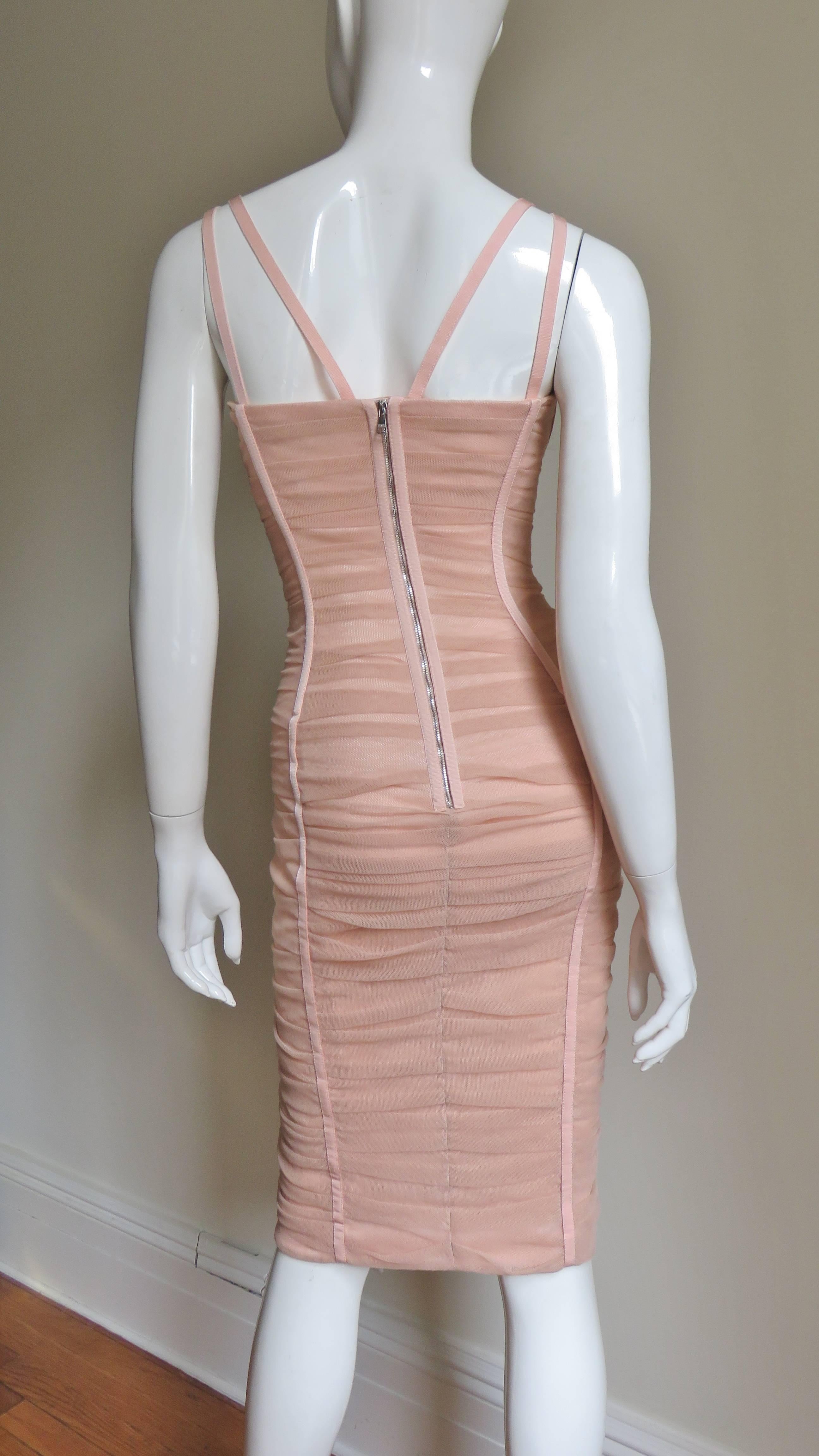 Dolce & Gabbana Nude Pink Silk Ruched Bodycon Corset Dress In New Condition In Water Mill, NY