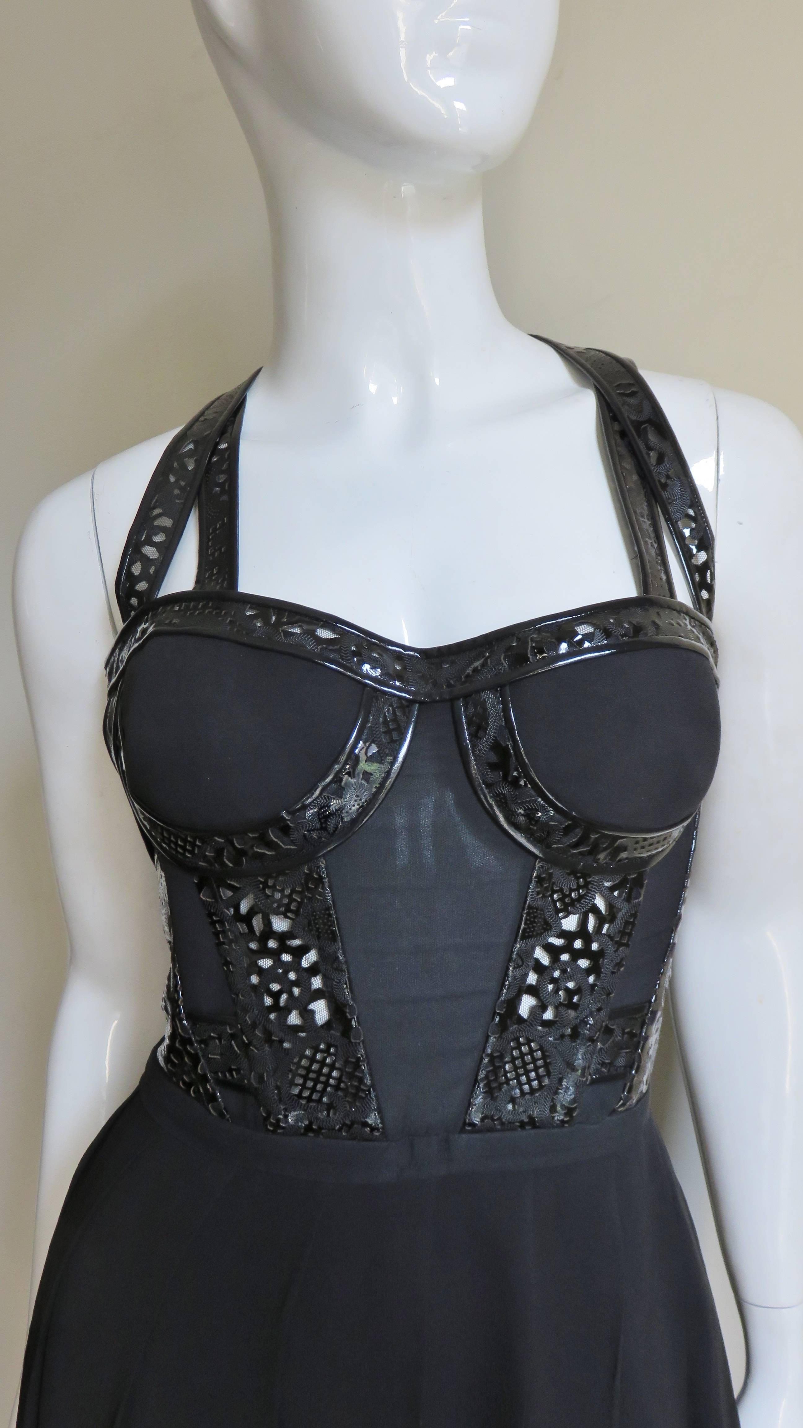 Women's Versace Silk and Laser Cut Patent Leather Trim Silk Corset Dress