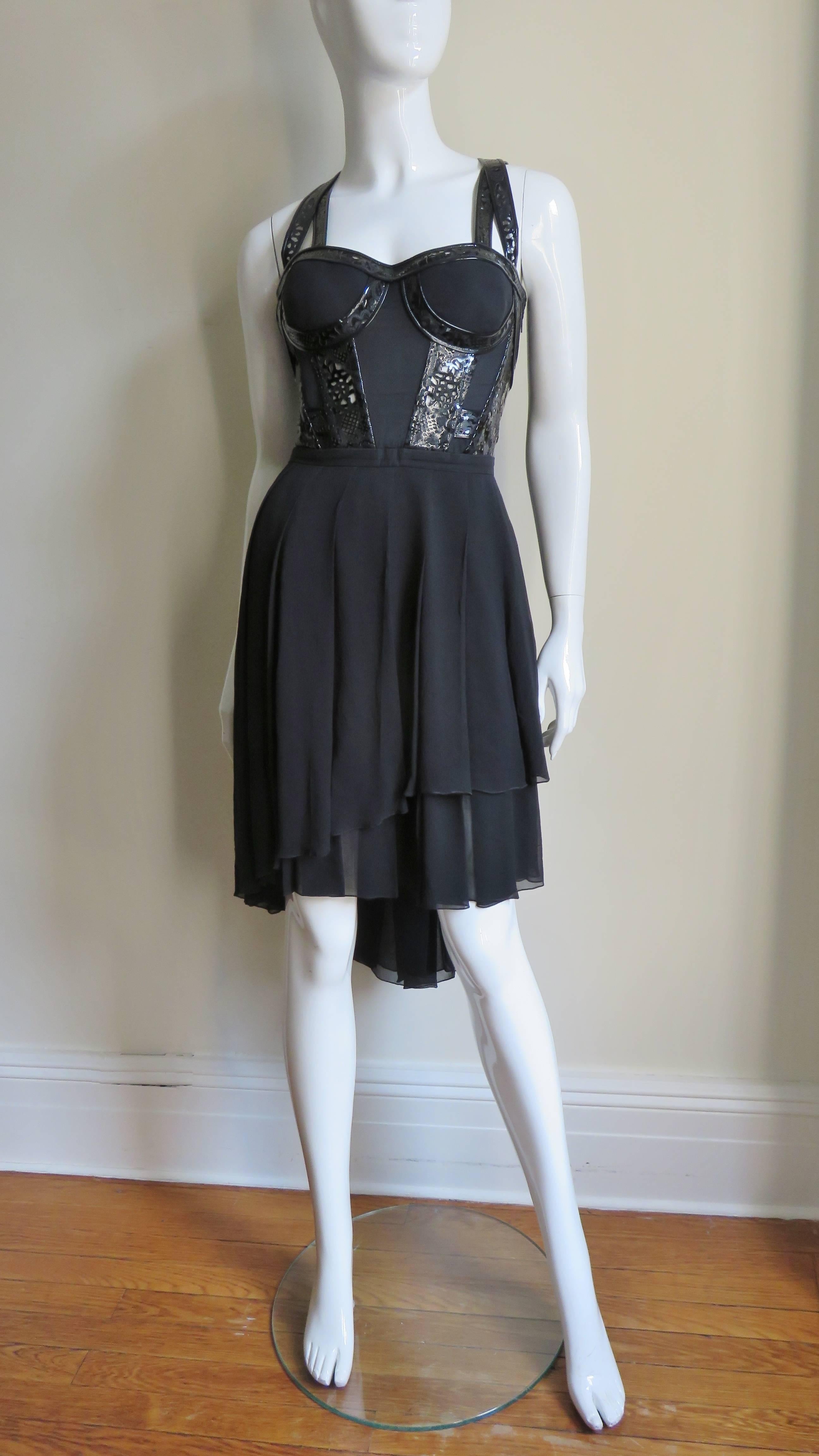 Versace Silk and Laser Cut Patent Leather Trim Silk Corset Dress 5