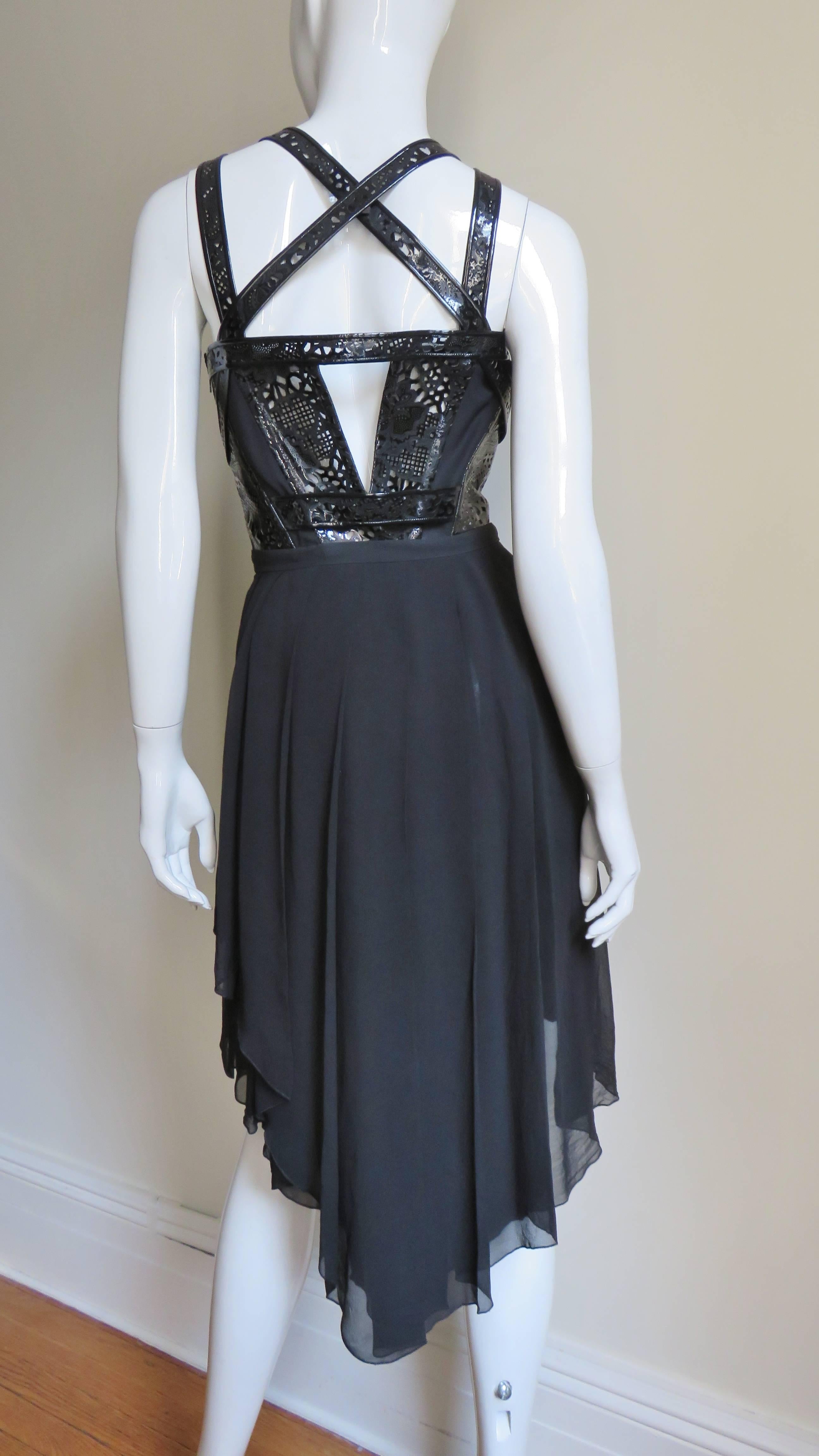 Versace Silk and Laser Cut Patent Leather Trim Silk Corset Dress 7