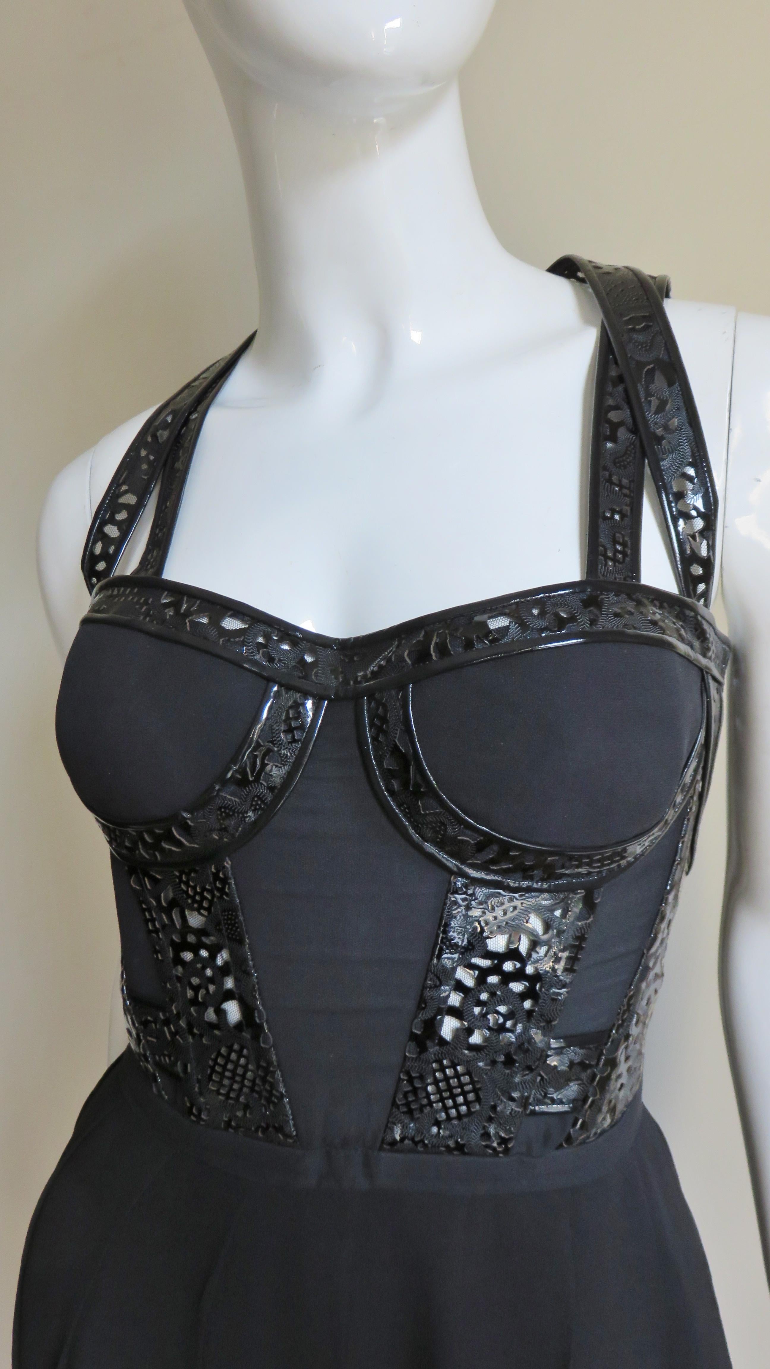 Versace Silk and Laser Cut Patent Leather Trim Silk Corset Dress In Good Condition In Water Mill, NY