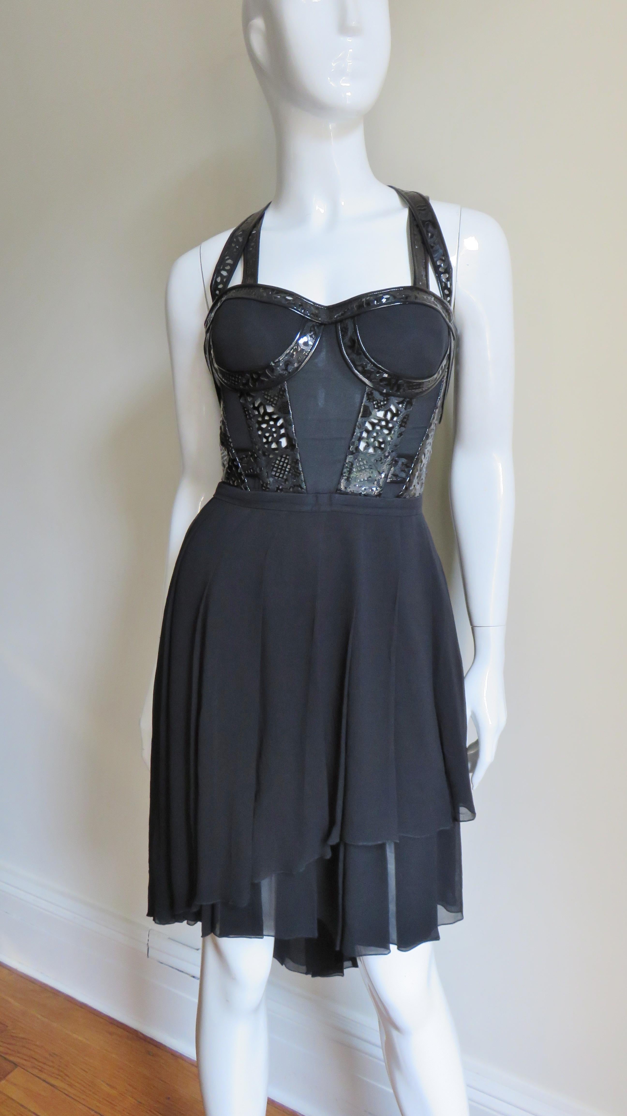 Versace Silk and Laser Cut Patent Leather Trim Silk Corset Dress 4