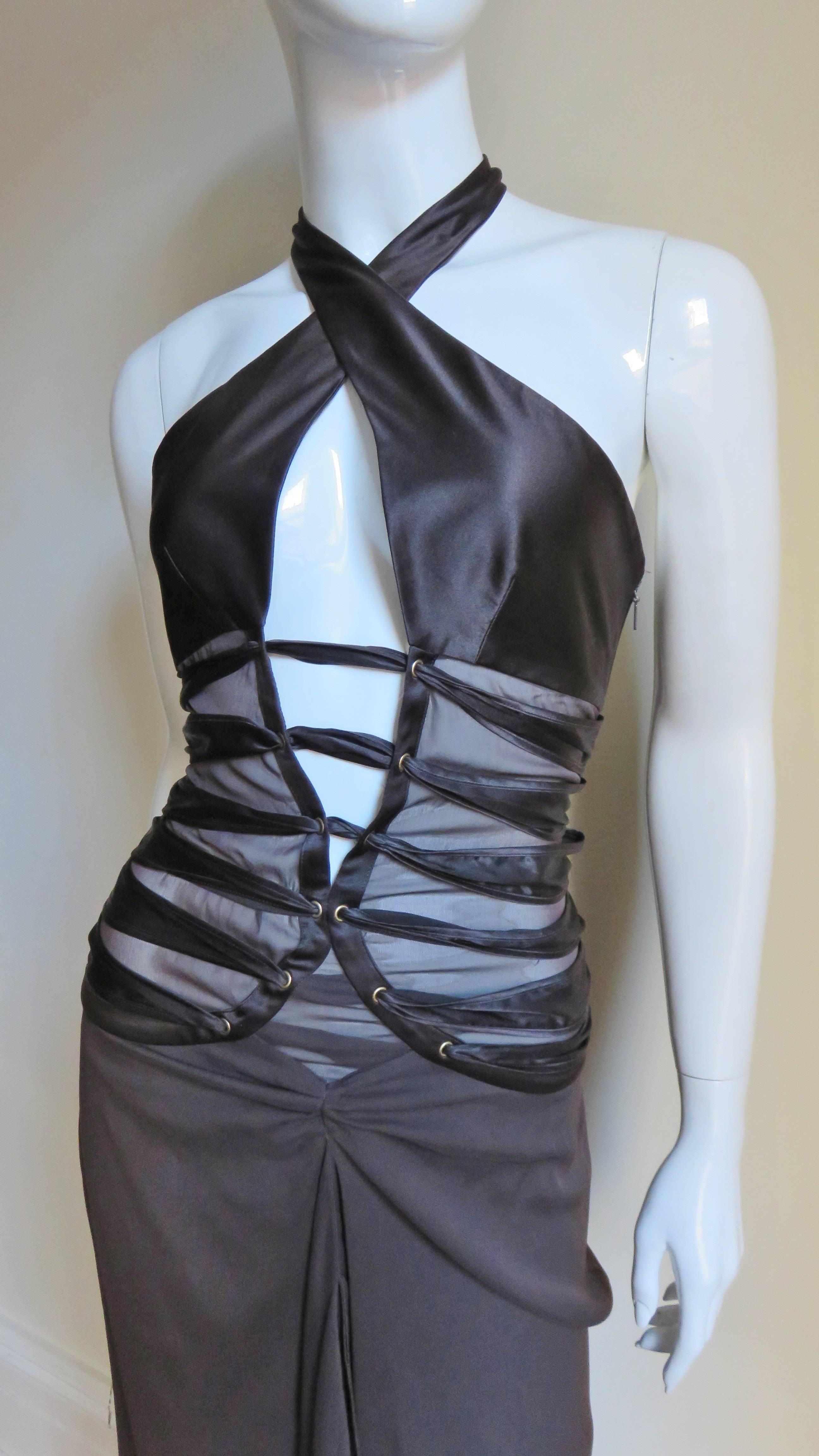 Black 2000s Tom Ford Gucci Silk Plunging Halter Dress.