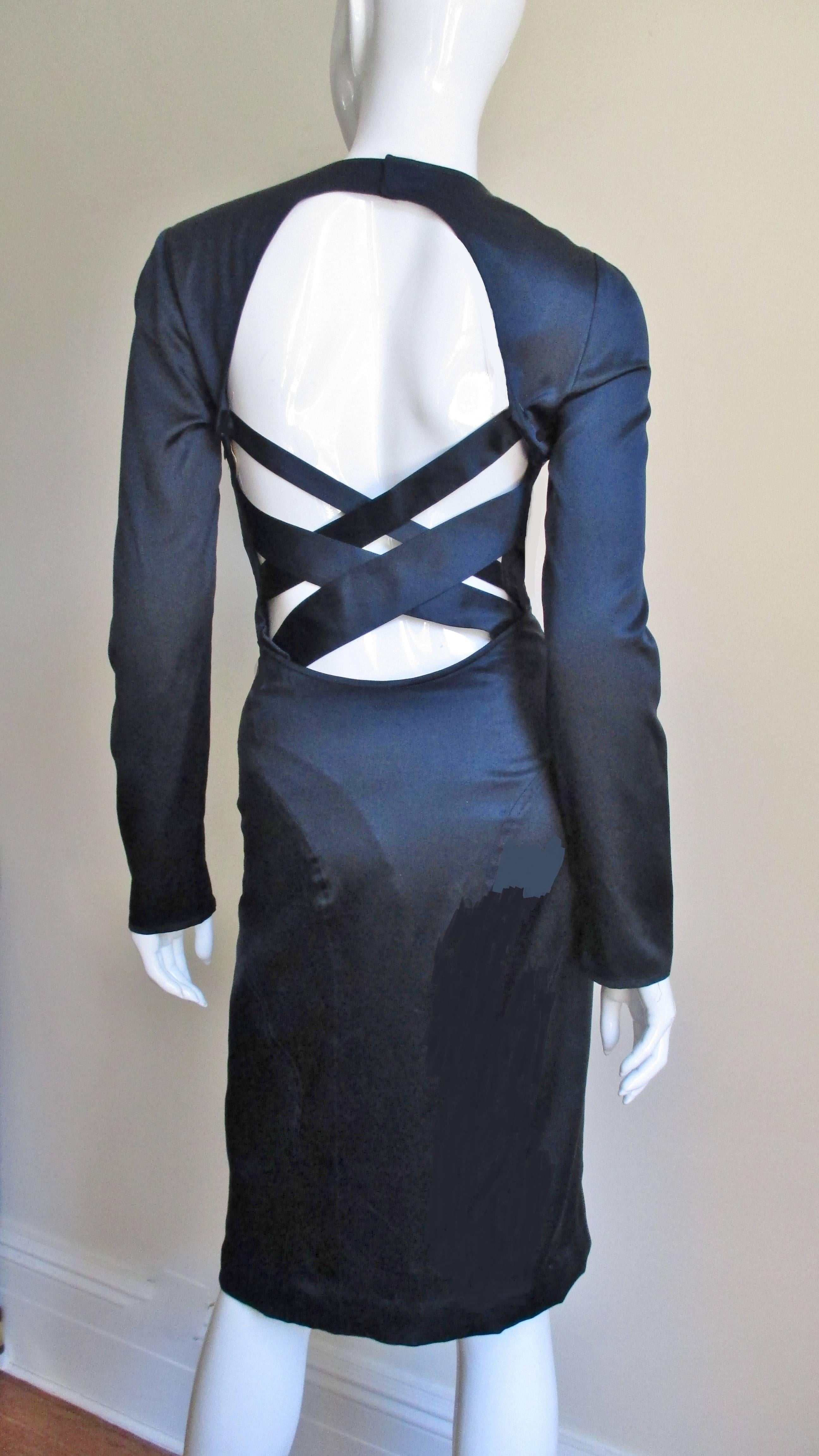 Versace Navy Silk Dress with Cut out Back 1990s 4