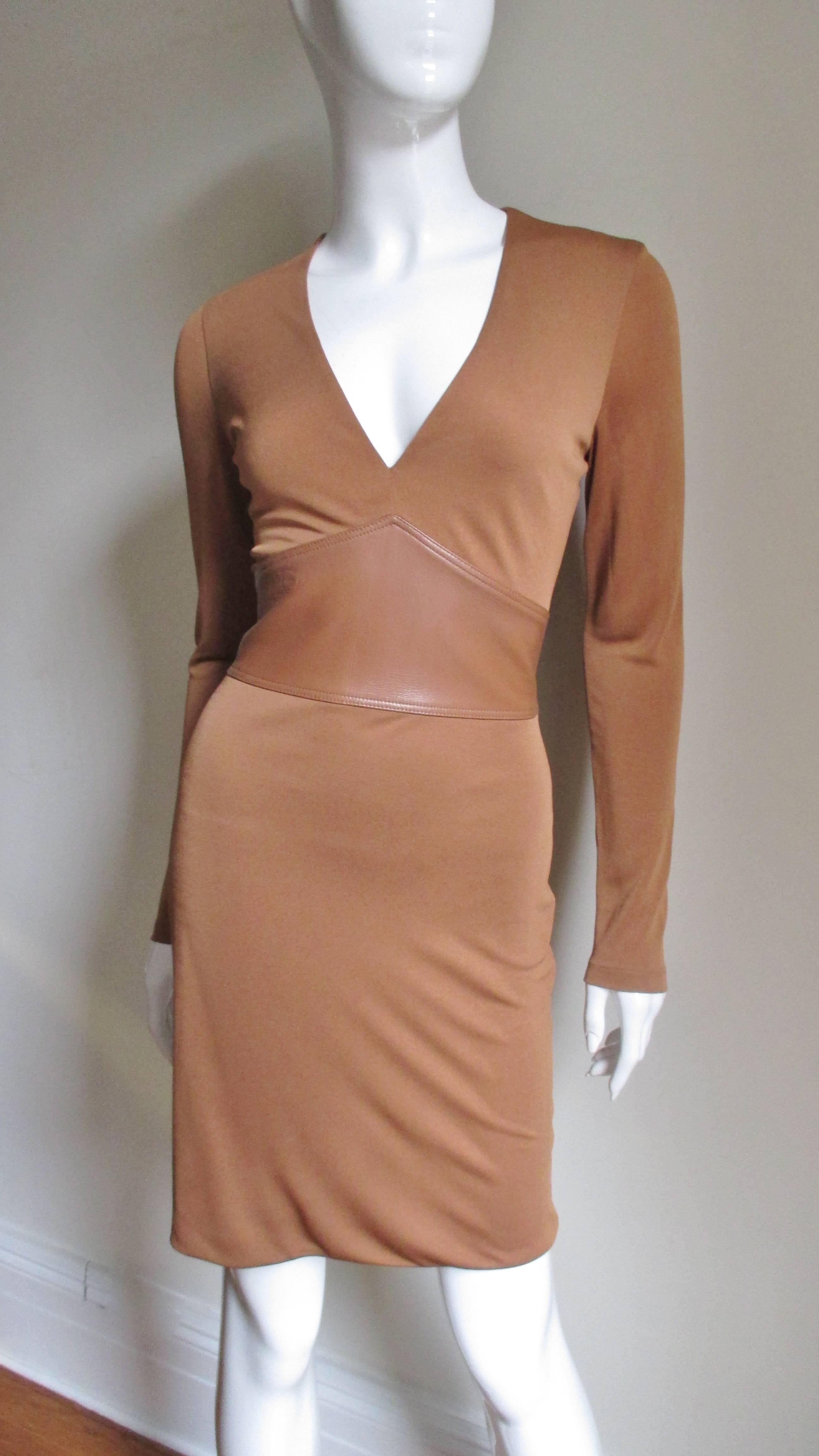 Brown Gianni Versace Silk Jersey Dress with Leather Waist A/W 2001 For Sale