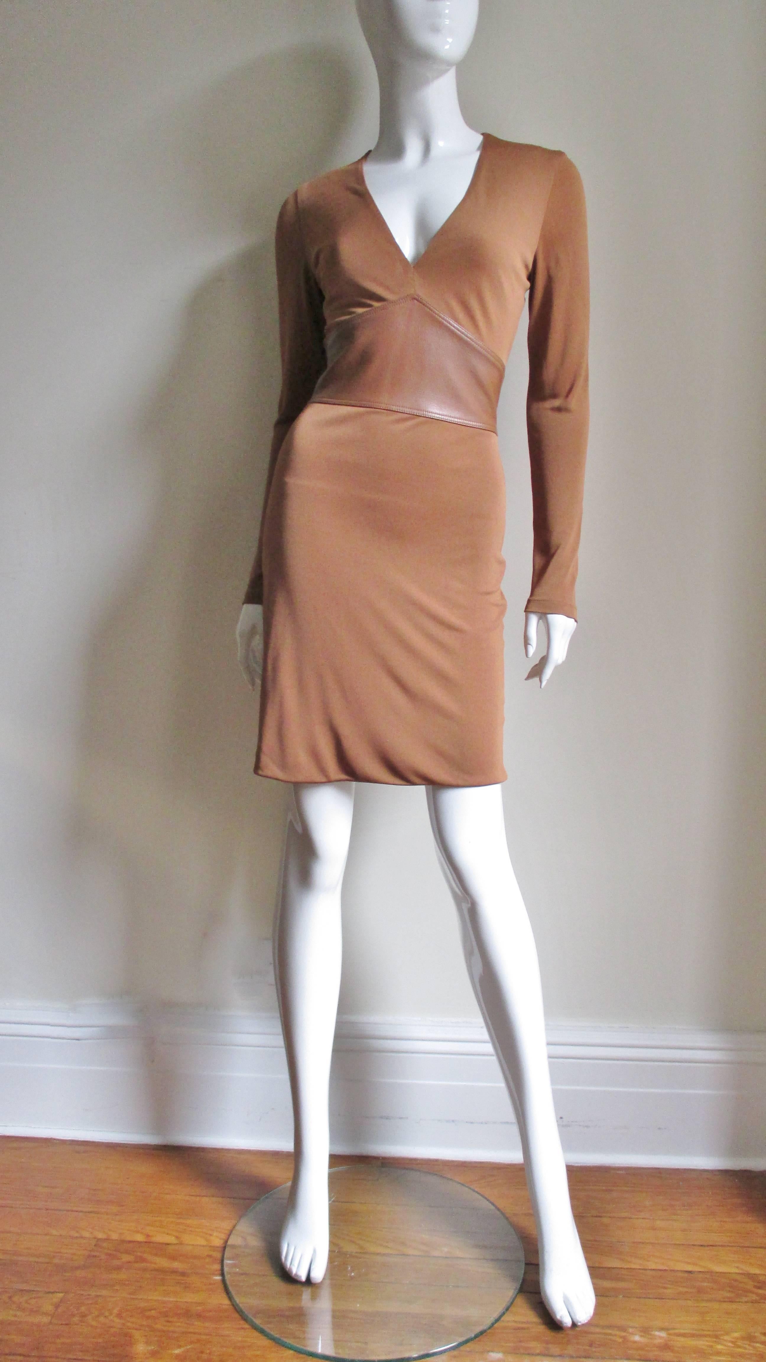 Gianni Versace Silk Jersey Dress with Leather Waist A/W 2001 In Good Condition For Sale In Water Mill, NY