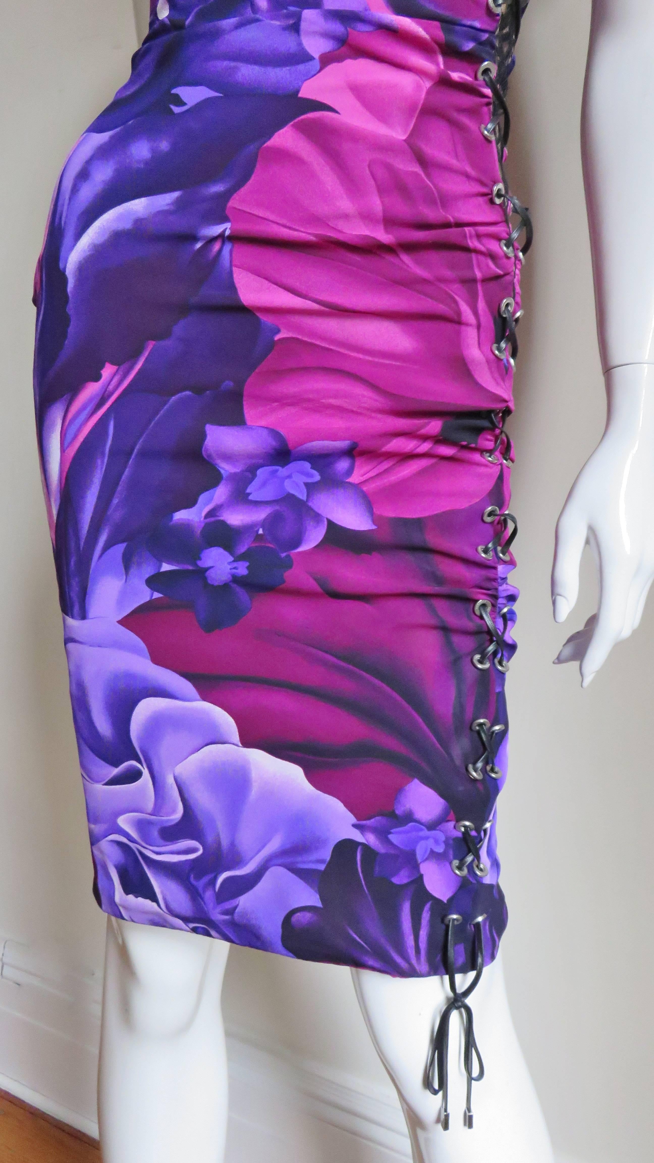 Purple Versace Lace up Silk Dress For Sale