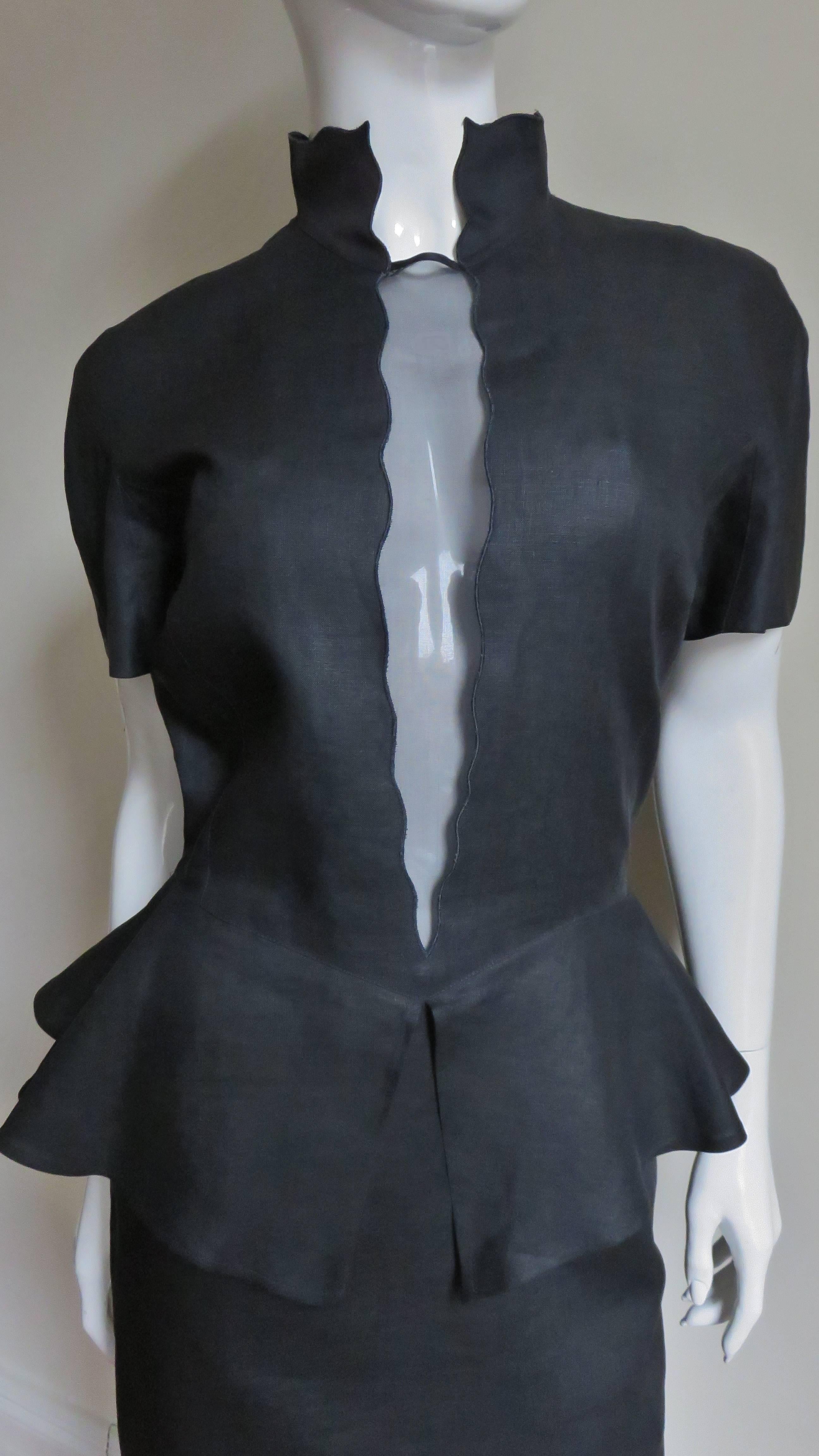 Louis Feraud Plunging Dress with Peplum 1980s In Good Condition In Water Mill, NY