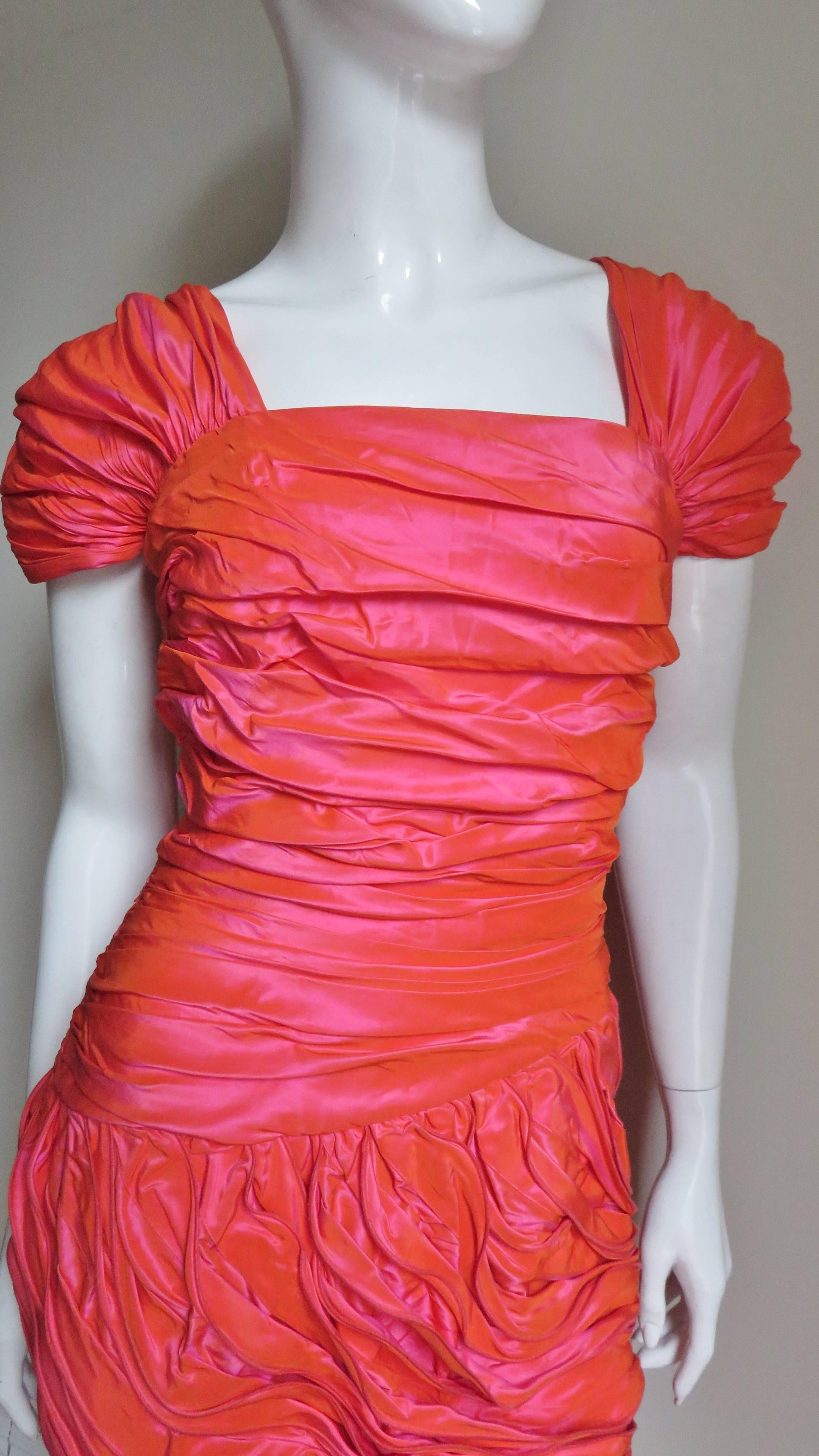 Red Louis Feraud 1980s Silk Dress with Elaborate Layers  For Sale