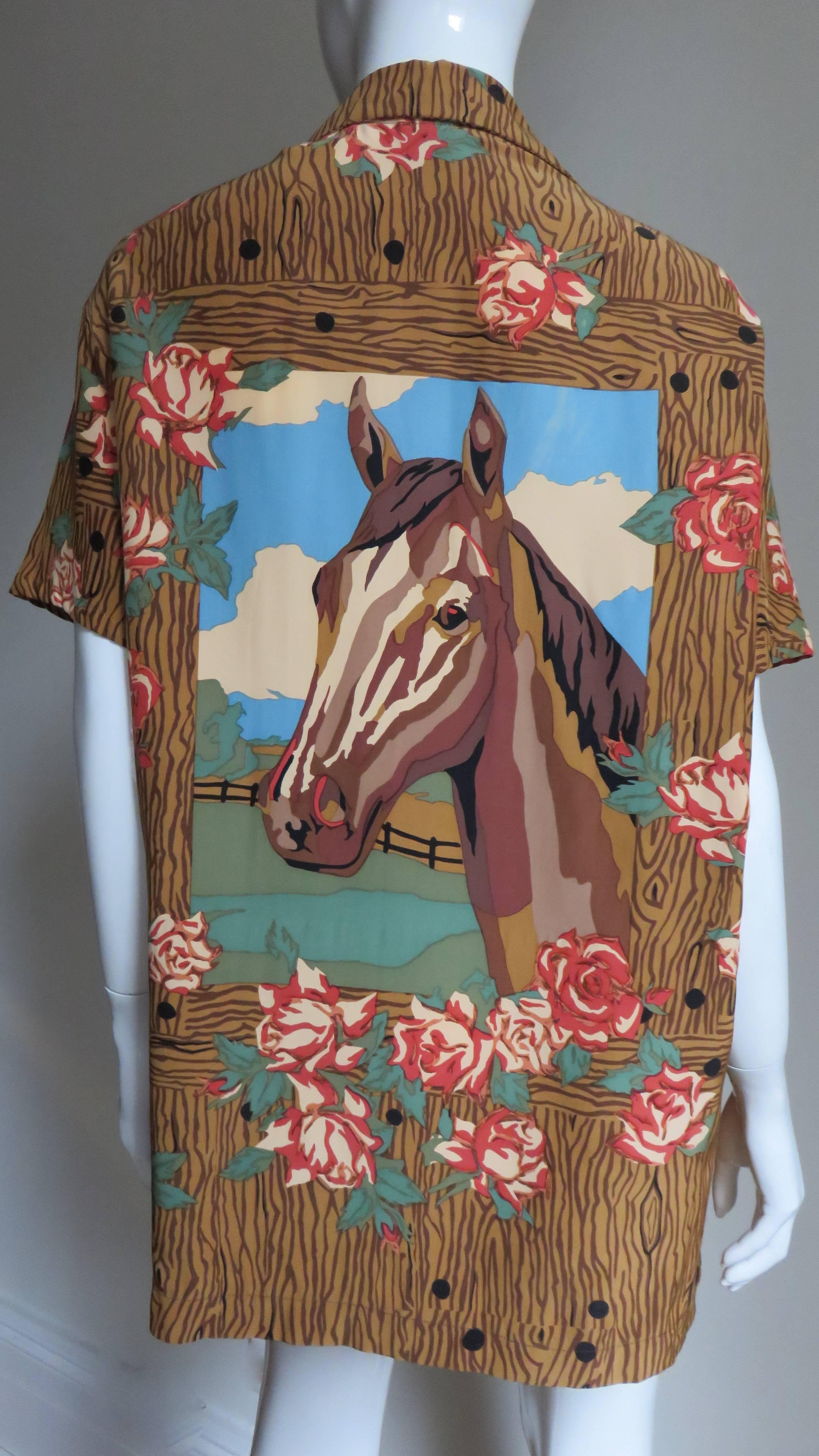 Women's 1980s Todd Oldham Vintage Horse Back Silk Shirt