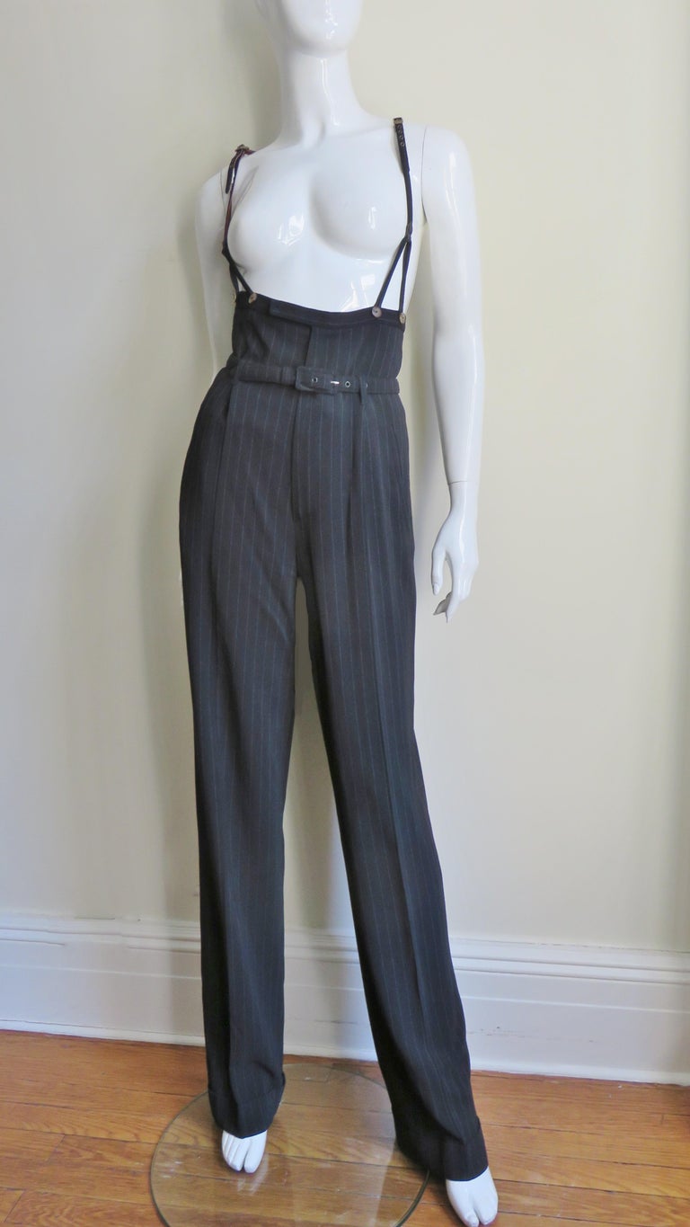 Vintage 80s Suspender Trousers/ 1980s Pinstriped Wide Leg