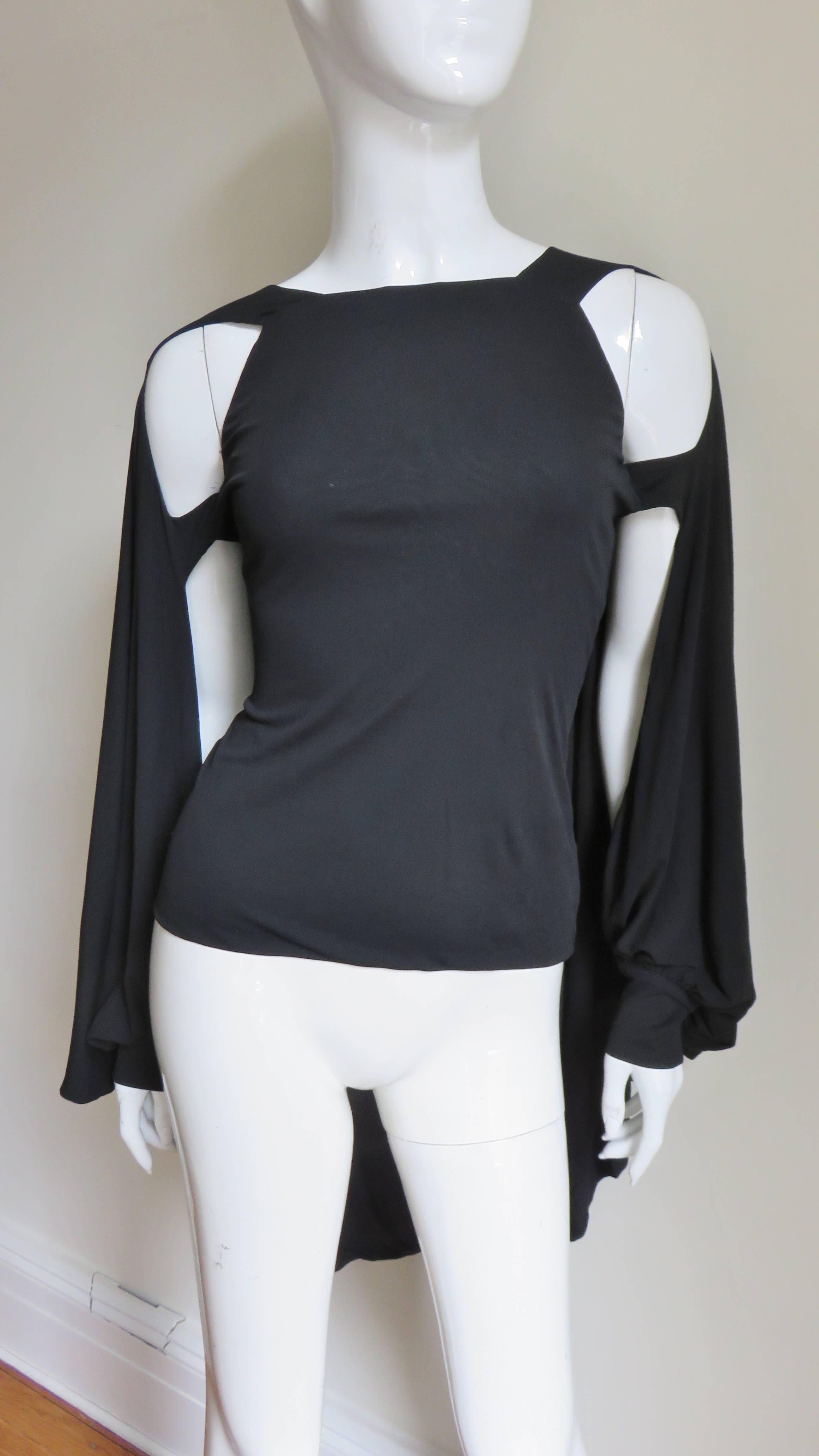 Black 2000s Antonio Berardi Caped Cutout Sleeve Silk T-Shirt 