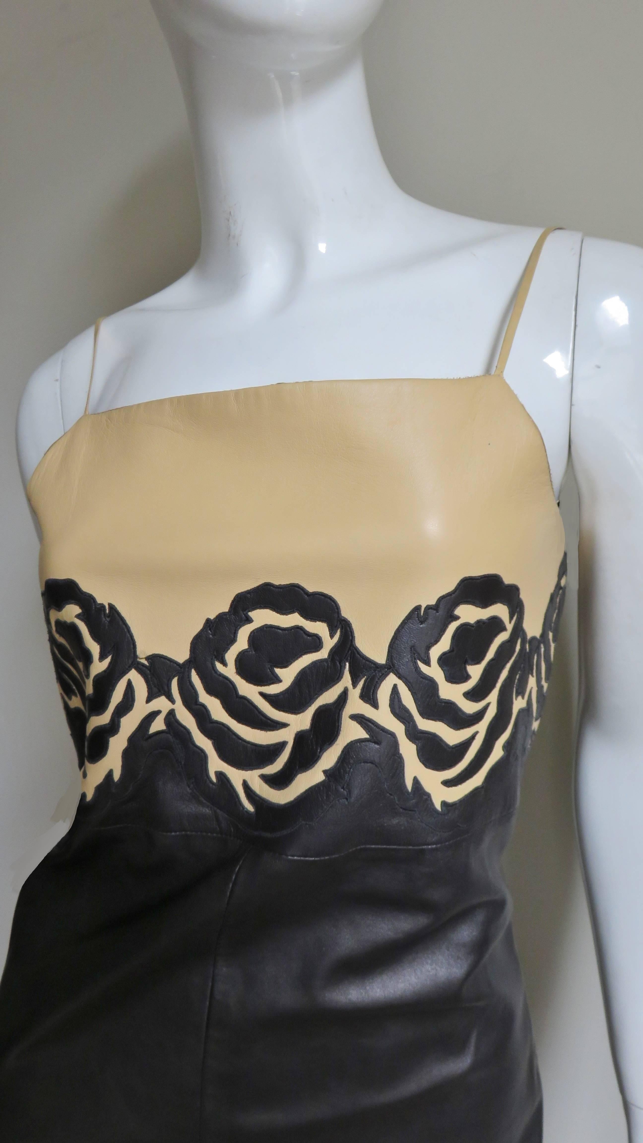Women's  Gianni Versace Leather Color Block Dress with Applique Roses 1990s