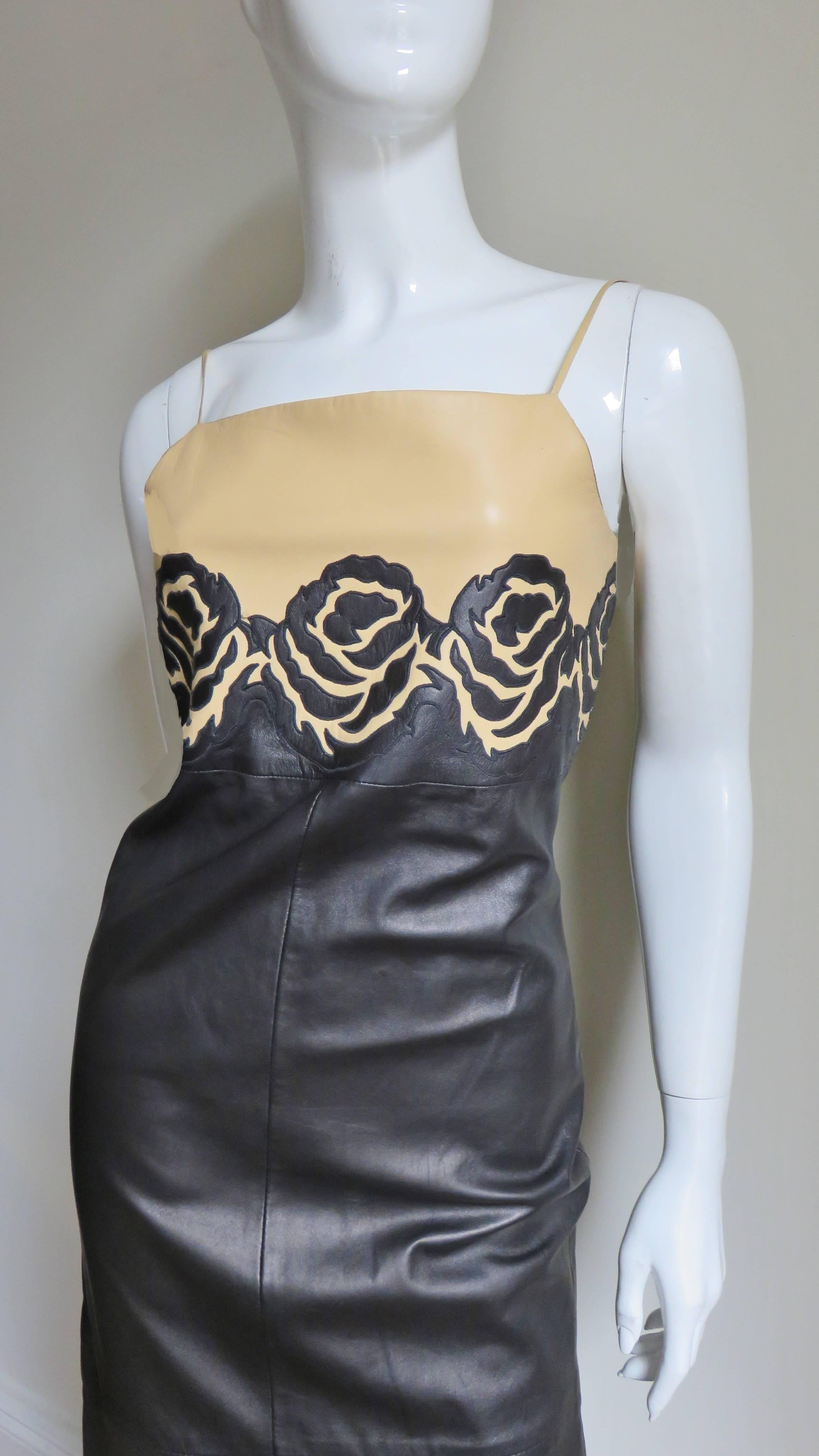 Black  Gianni Versace Leather Color Block Dress with Applique Roses 1990s